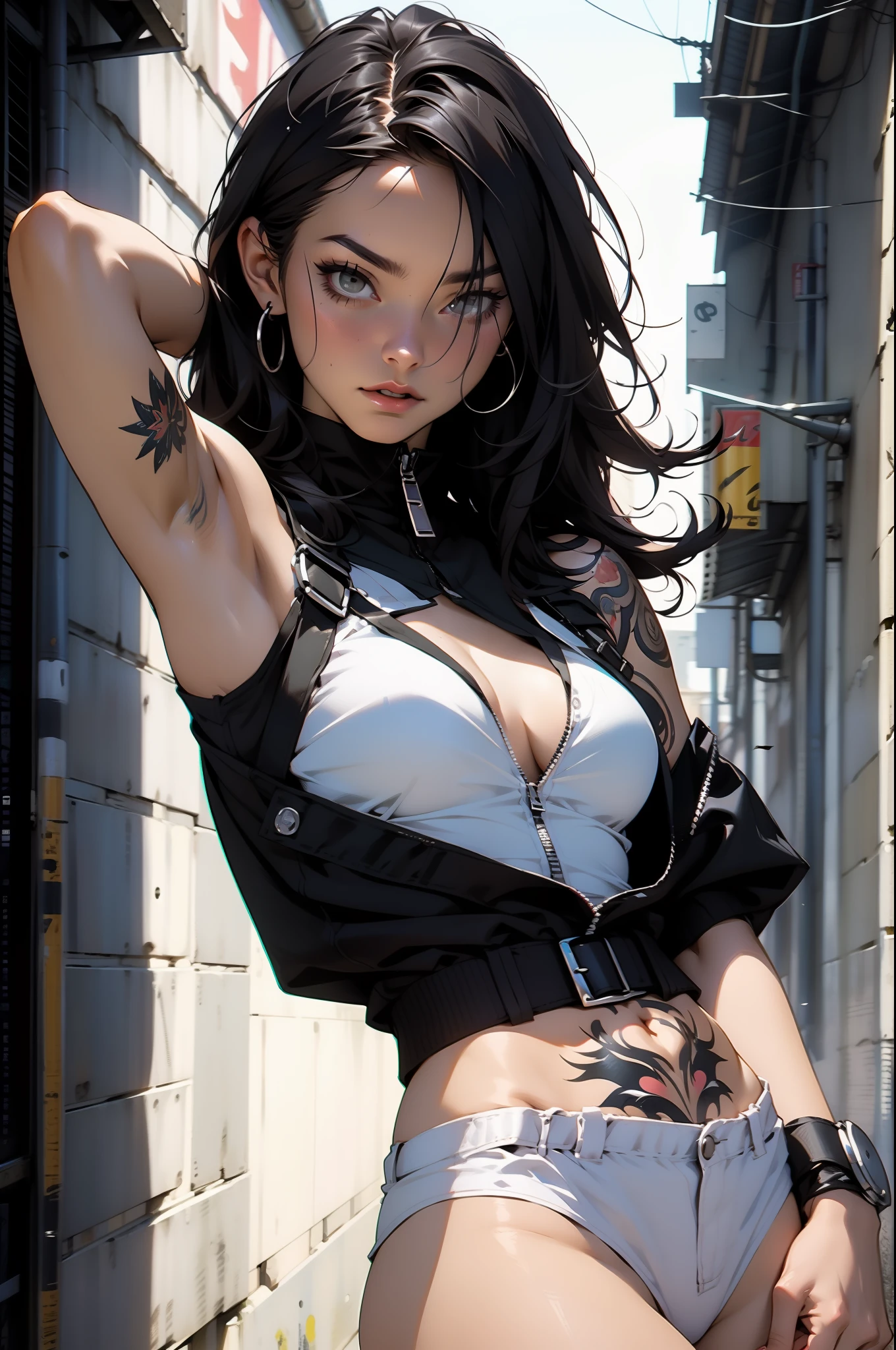 nijistyle, A muscular 35-year-old warrior woman almost naked in Simon Bisley style, tattoo covering the whole arm, hair half black half white, Minimum clothing, Short clothes, ((Best quality)), ((masterpiece)), (detailed: 1.4), (Absurd),