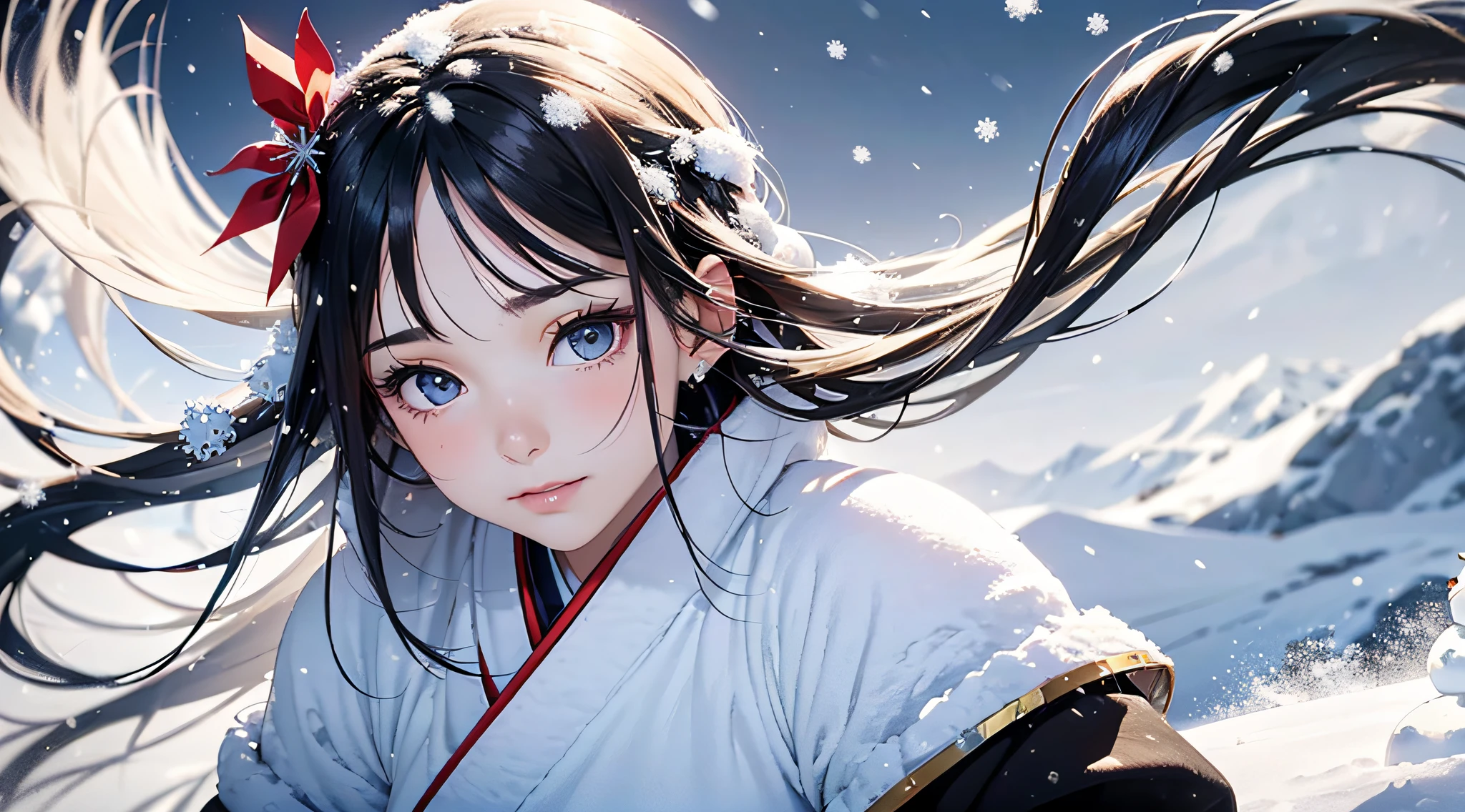 Masterpiece, Realistic, Top Quality, Full Body, Black Ultra Long Hair, (((Beautiful Snow Woman)))), (Beautiful Snow Woman in Old Tales)))), (Japan white kimono and white obi with long red sleeves fluttering only the obi hanging, face pointing downward and narrowed eyes looking up at the viewer)), (((Black hair with snowflake hair ornament and snowman hair fastening)), 20 years old, (Plains in a blizzard)))), ( No headgear))), photorealistic, blur the background
