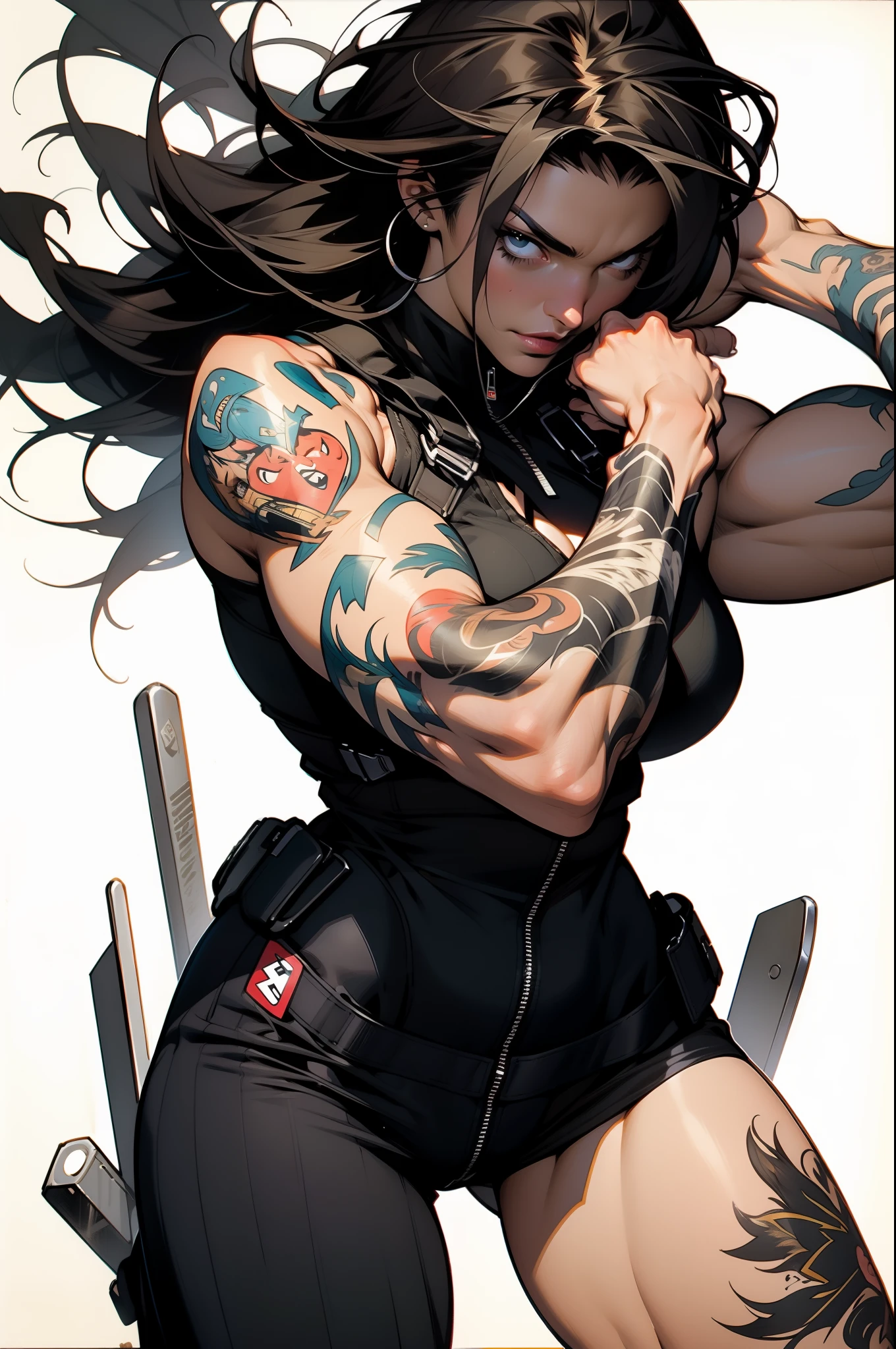 nijistyle, A muscular 35-year-old warrior woman almost naked in Simon Bisley style, tattoo covering the whole arm, hair half black half white, Minimum clothing, Short clothes, ((Best quality)), ((masterpiece))