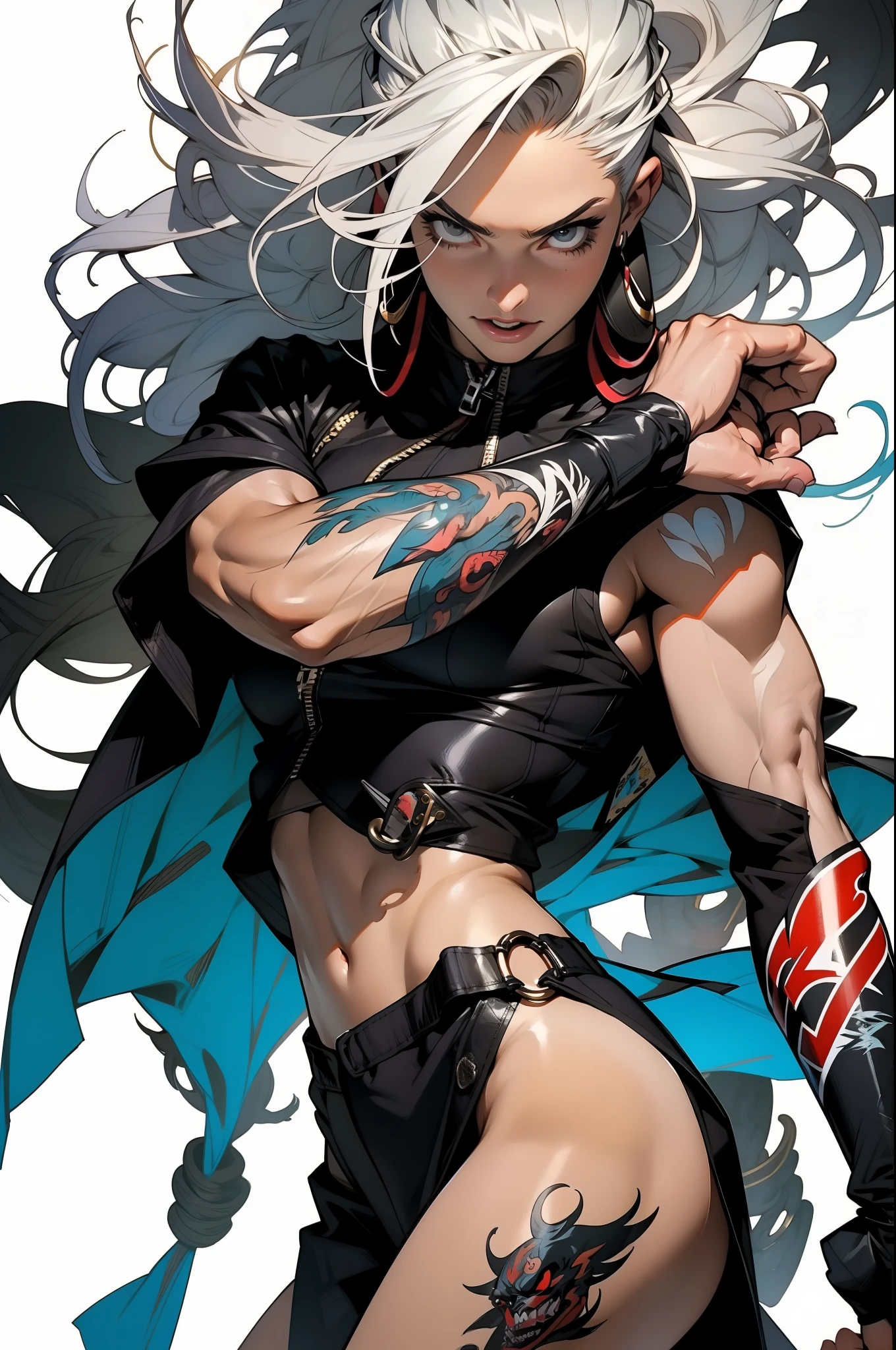nijistyle, A muscular 35-year-old warrior woman almost naked in Simon Bisley style, tattoo covering the whole arm, hair half black half white, Minimum clothing, Short clothes, ((Best quality)), ((masterpiece))