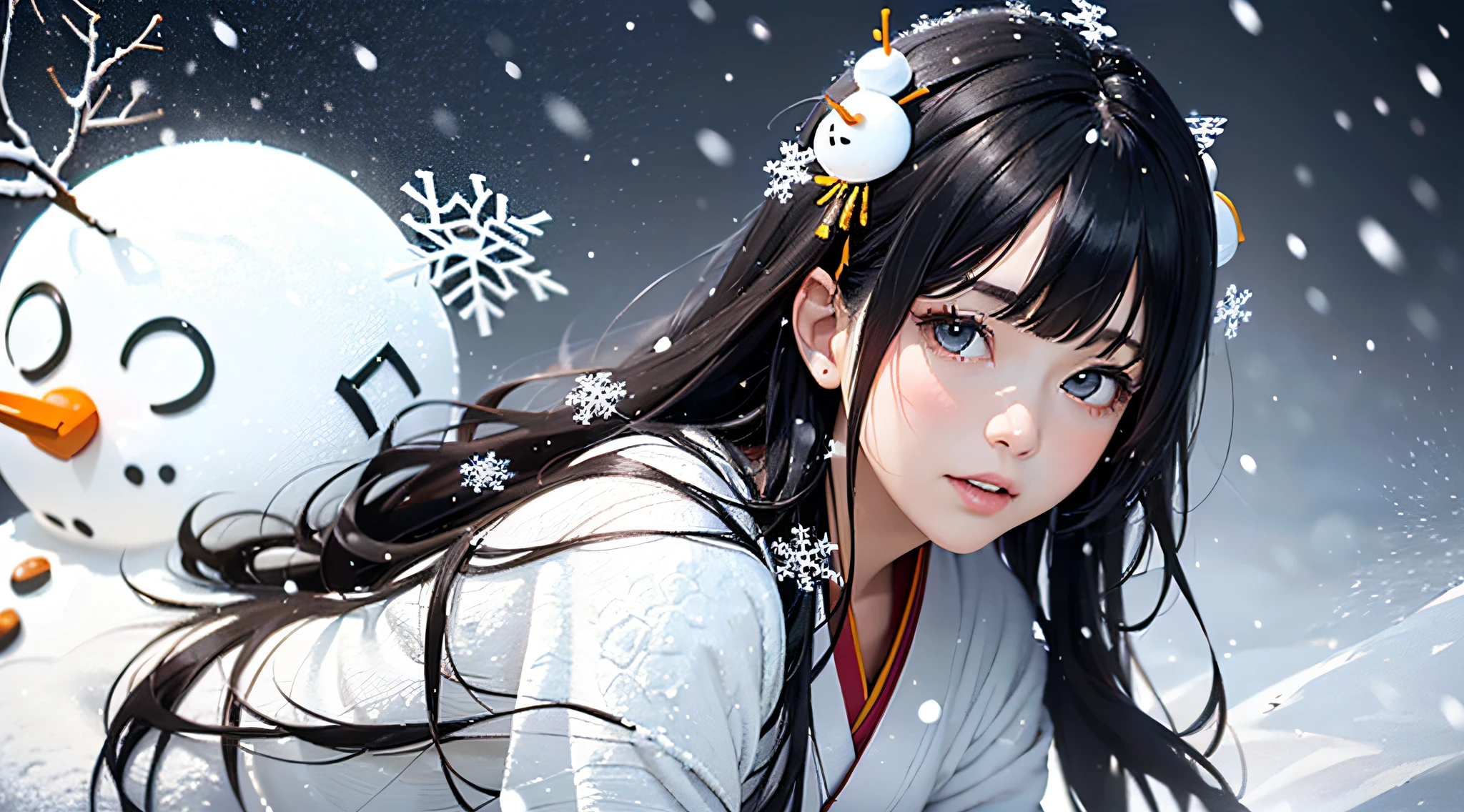 Masterpiece, Realistic, Top Quality, Full Body, Black Ultra Long Hair, (((Beautiful Snow Woman)))), (Beautiful Snow Woman in Old Tales)))), (Japan white kimono and white obi with long red sleeves fluttering only the obi hanging, face pointing downward and narrowed eyes looking up at the viewer)), (((Black hair with snowflake hair ornament and snowman hair fastening)), 20 years old, (Plains in a blizzard)))), ( No headgear))), photorealistic, blur the background