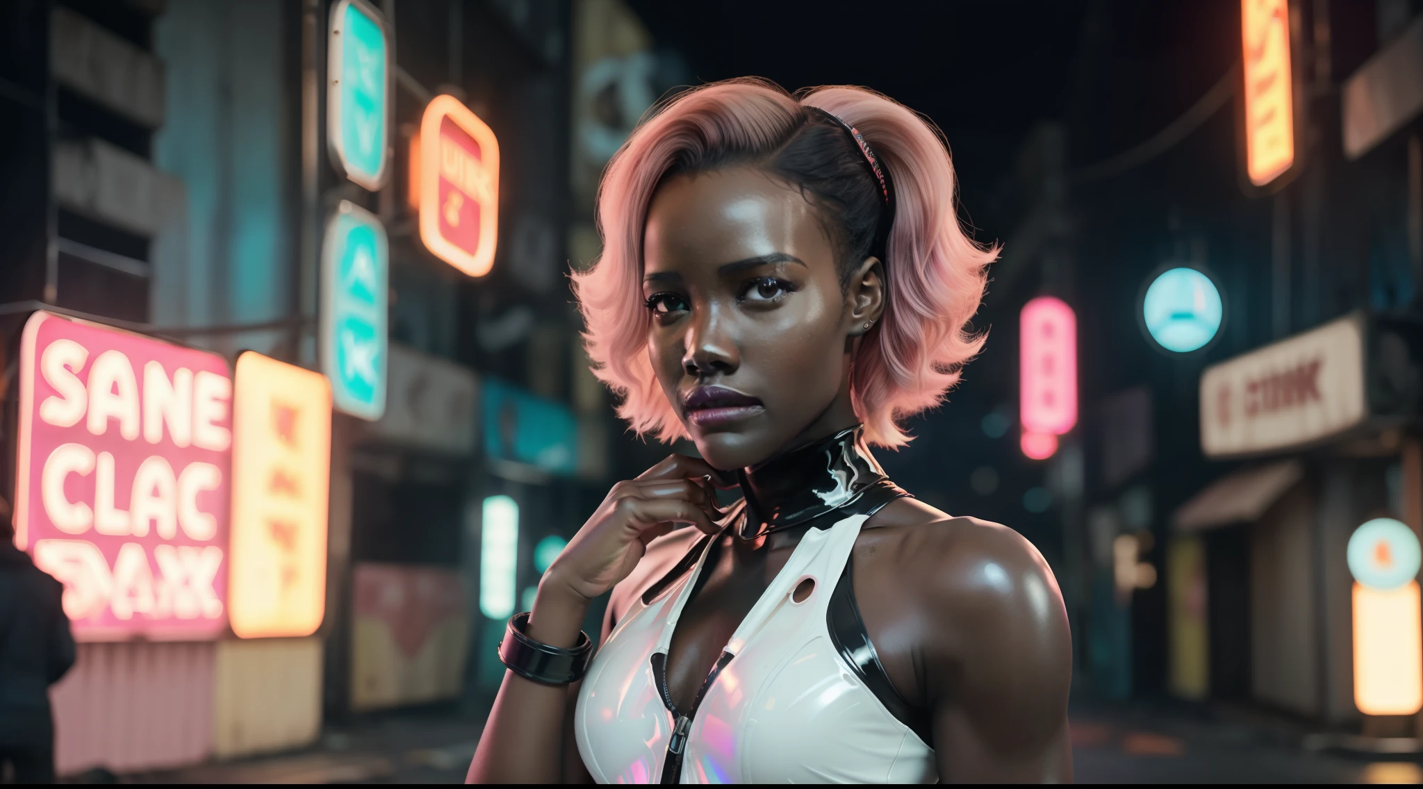 (8k, ARTISTIC photography, best quality, masterpiece: 1.2) ((Lupita nyong'o)) film still of a photorealistic beautiful afro-american woman, ( in neon-lit cyberpunk alley wearing a futuristic WHITE latex dress:1.5), cute face, ebony (edgerunner, geisha):1.25, staring at the camera in front, pink hair,((dynamic pose))) over-detailed face,, beautiful body, toned body, latex fetish, 8k uhd, SLR camera, soft lighting, high quality, film grain, Arri Alexa mini , , Cinematic lighting, octane render, Bar lighting, complex, 8k resolution concept art portrait , edgerunner, blade runner, Cyberpunk 2077, fractal isometrics details bioluminescence, hyperrealistic, photo awesome, gritty, realistic, (((pure 8K))), (((perfect anatomy))), extremely high-quality graphics, Riddley Scott, Blade Runner, Denis Villeneuve, Cyberpunk 2077, Altered carbon, (((cinematic lighting))), ((clear details)), complex, highly detailed background,