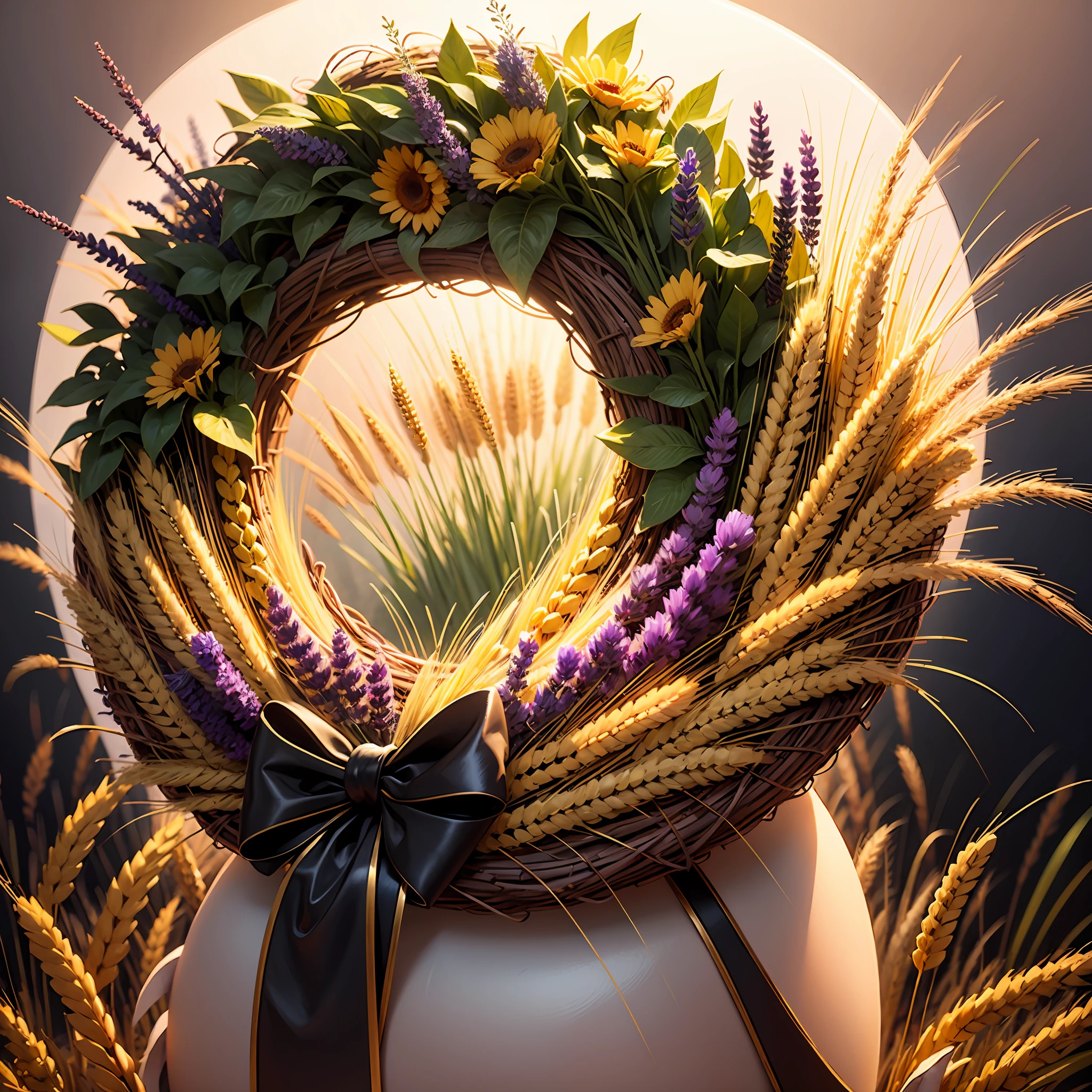 Round wreath of wildflowers and golden wheat, with a touch of lavender. --auto