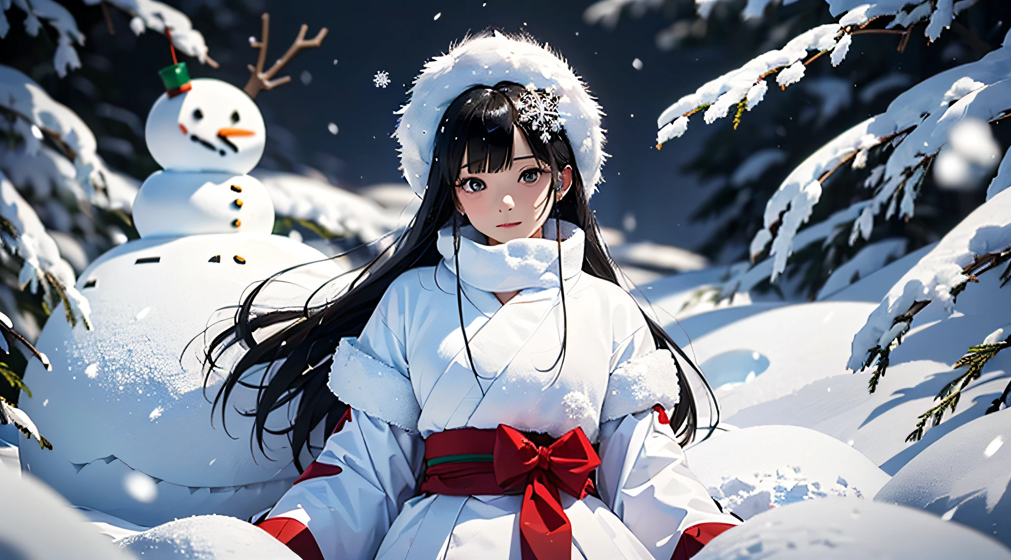 Masterpiece, Realistic, Top Quality, Full Body, Black Ultra Long Hair, (((Beautiful Snow Woman)))), (Beautiful Snow Woman in Old Tales)))), (Japan white kimono and white obi with long red sleeves fluttering only the obi hanging, face pointing downward and narrowed eyes looking up at the viewer)), (((Black hair with snowflake hair ornament and snowman hair fastening)), 20 years old, (Plains in a blizzard)))), ( No headgear))), photorealistic, blur the background