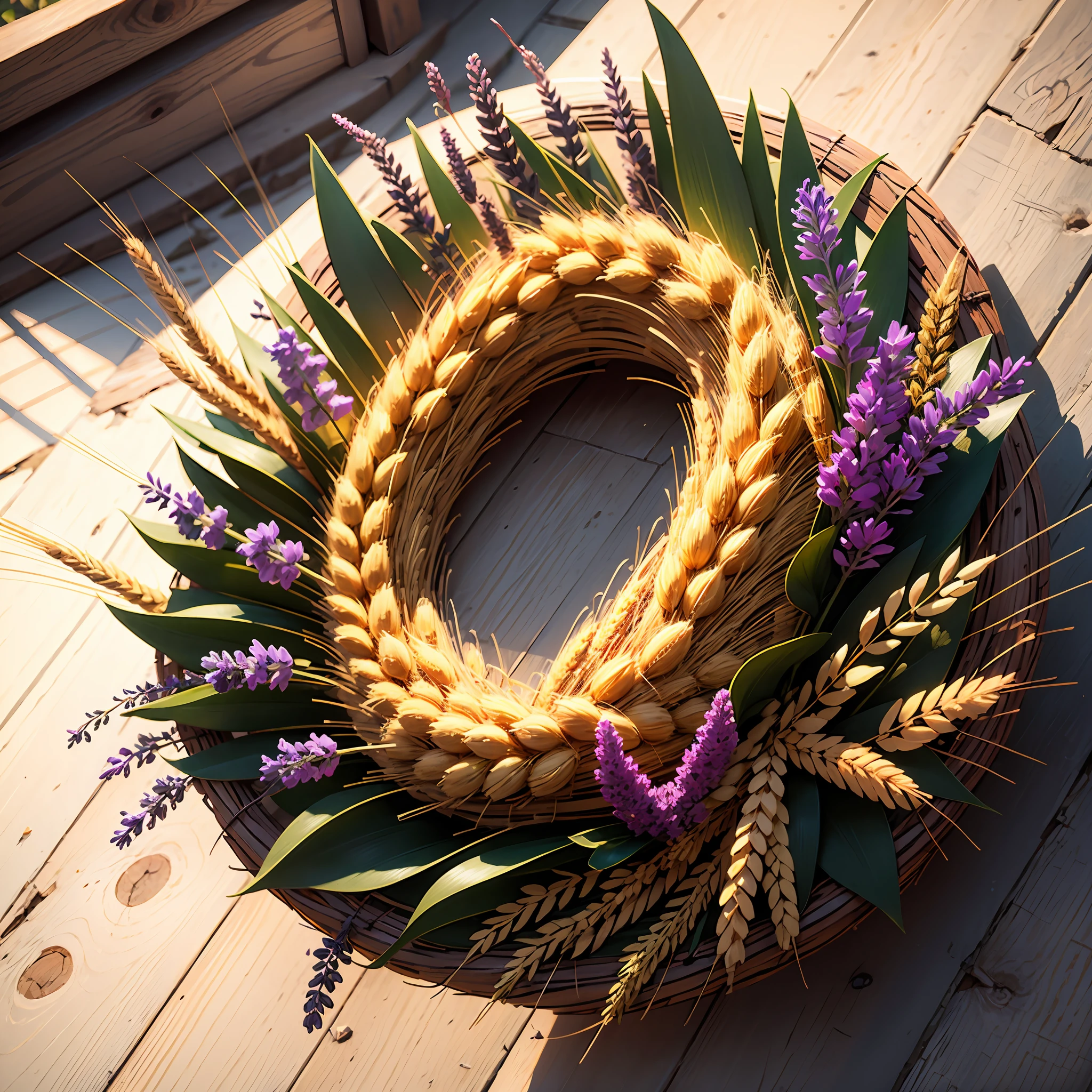 Round wreath of wildflowers and golden wheat, with a touch of lavender. --auto