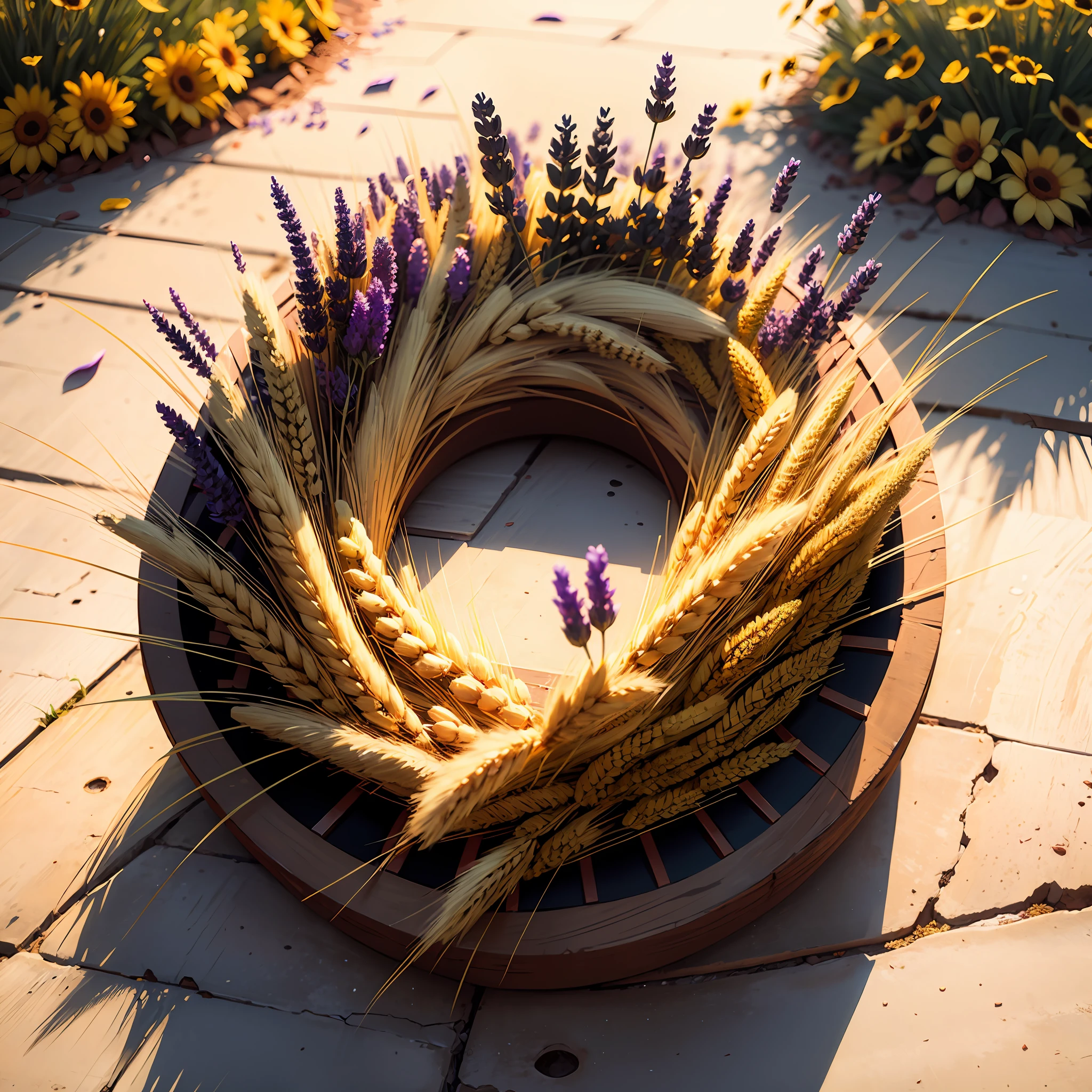 Round wreath of wildflowers and golden wheat, with a touch of lavender. --auto