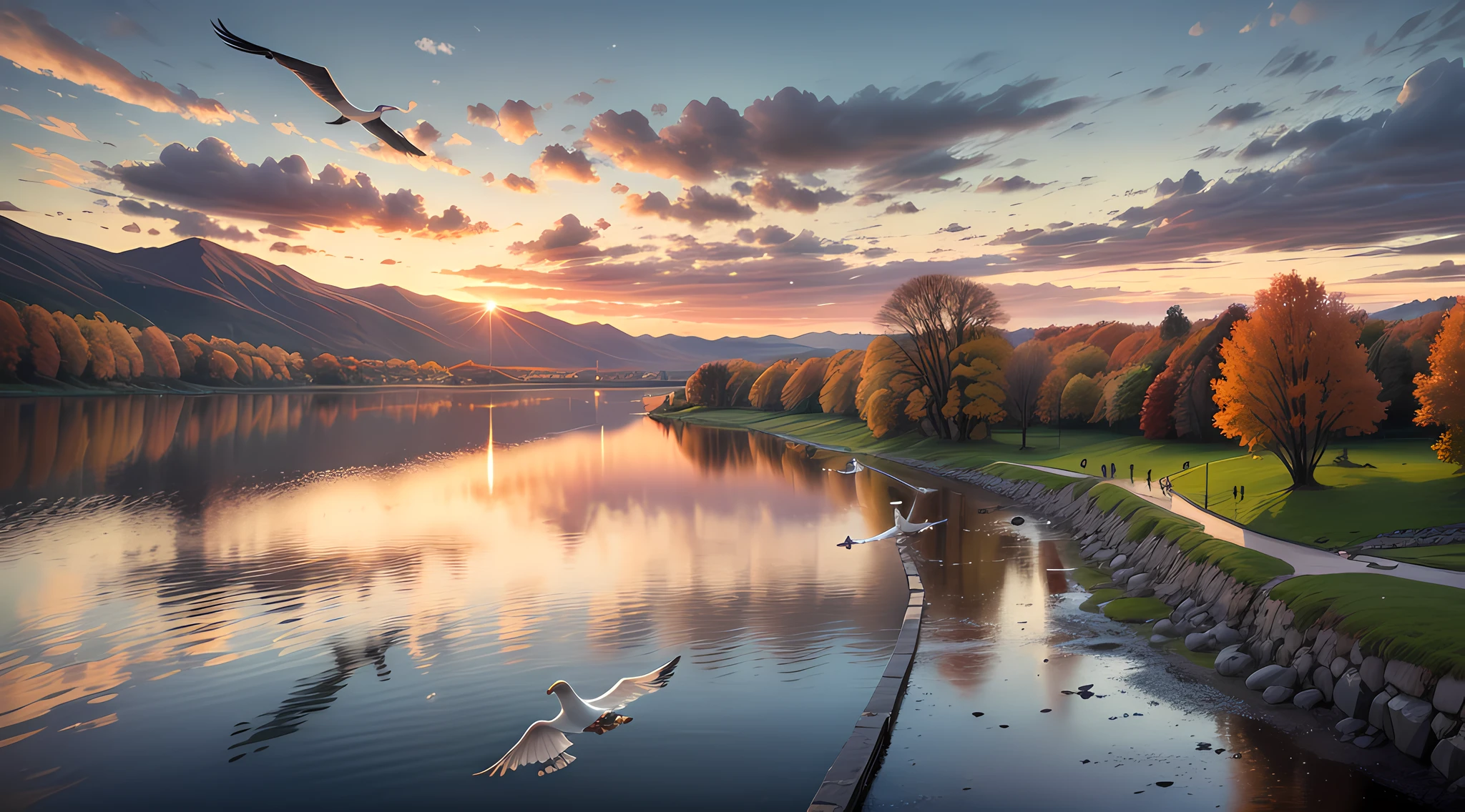 The sunset and the lonely geese fly together, and the autumn water is long and the sky is the same