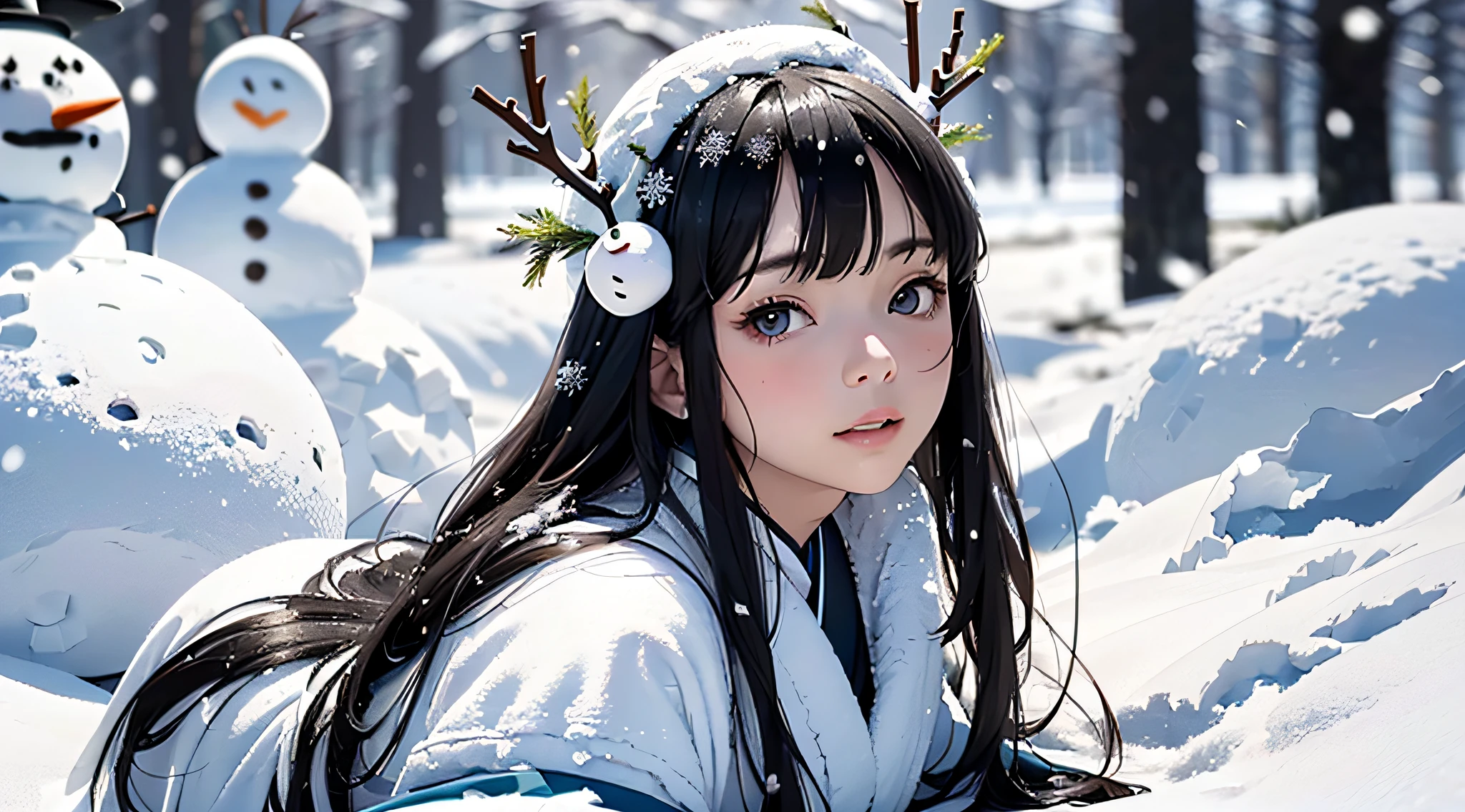 Masterpiece, Realistic, Top Quality, Full Body, Black Ultra Long Hair, (((Beautiful Snow Woman)))), (Beautiful Snow Woman in Old Tales)))), (Japan white kimono and white obi with long red sleeves fluttering only the obi hanging, face pointing downward and narrowed eyes looking up at the viewer)), (((Black hair with snowflake hair ornament and snowman hair fastening)), 20 years old, (Plains in a blizzard)))), ( No headgear))), photorealistic, blur the background