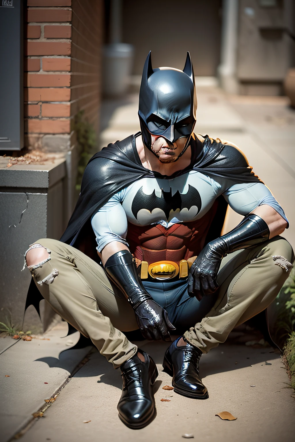 batman as a beggar all dirty with his superhero costume all torn up sitting on the sidewalk begging