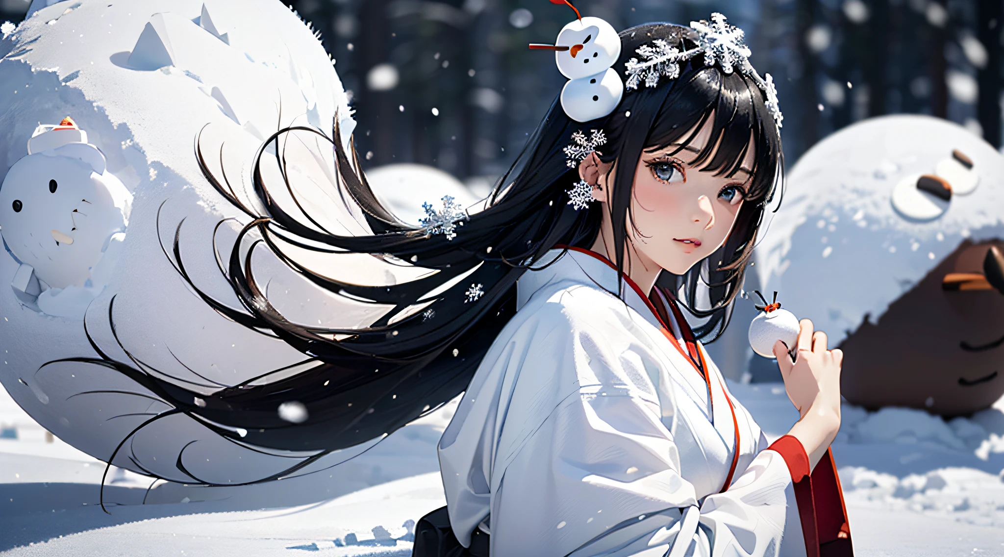 Masterpiece, Realistic, Top Quality, Full Body, Black Ultra Long Hair, (((Beautiful Snow Woman)))), (Beautiful Snow Woman in Old Tales)))), (Japan white kimono and white obi with long red sleeves fluttering only the obi hanging, face pointing downward and narrowed eyes looking up at the viewer)), (((Black hair with snowflake hair ornament and snowman hair fastening)), 20 years old, (Plains in a blizzard)))), ( No headgear))), photorealistic, blur the background