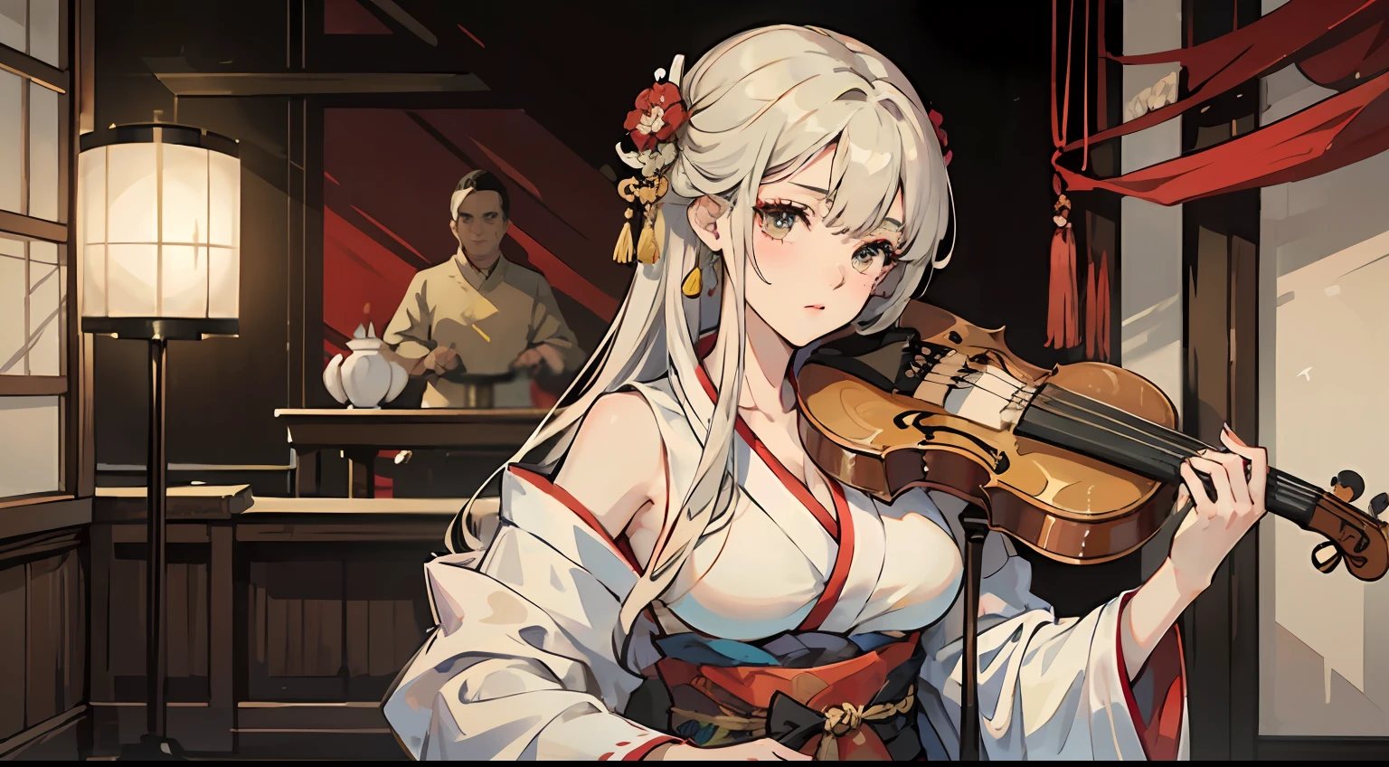 Desenhe uma jovem e bela mulher, extremamente detalhada, 8k, cabelos castanhos longos, cabelos com cauda dupla, Lovely big breasts, Traditional Chinese kimono, adornos vermelhos branco e dourado, Luxurious medieval setting, Japanese stringed instrument. --auto