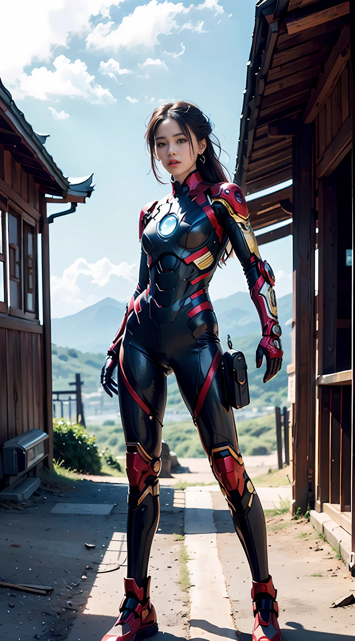 Realistic movie scene of a 20 year old woman，The whole body stands in the place of abandoned ancient Chinese buildings，Has stunning cloud views。 （Wearing an Iron Man mech）In her insanely complex anatomical adaptation（graphene：1.1）Biomechanically symmetrical arm and biomechanical leg。extremely higly detailed、Elegant and gorgeous symmetrical fractal detailing with kyanite gemstones。With bright and soft natural light、Dramatic shadows and beautiful vivid colors capture the scene.romanticism art style。8K resolution image in classical Chinese style，Intricate Symmetry Details。The whole picture goes on and on，heroic look，Mainly a male standing full-body，The movements are smooth，The complete picture of the confident look。