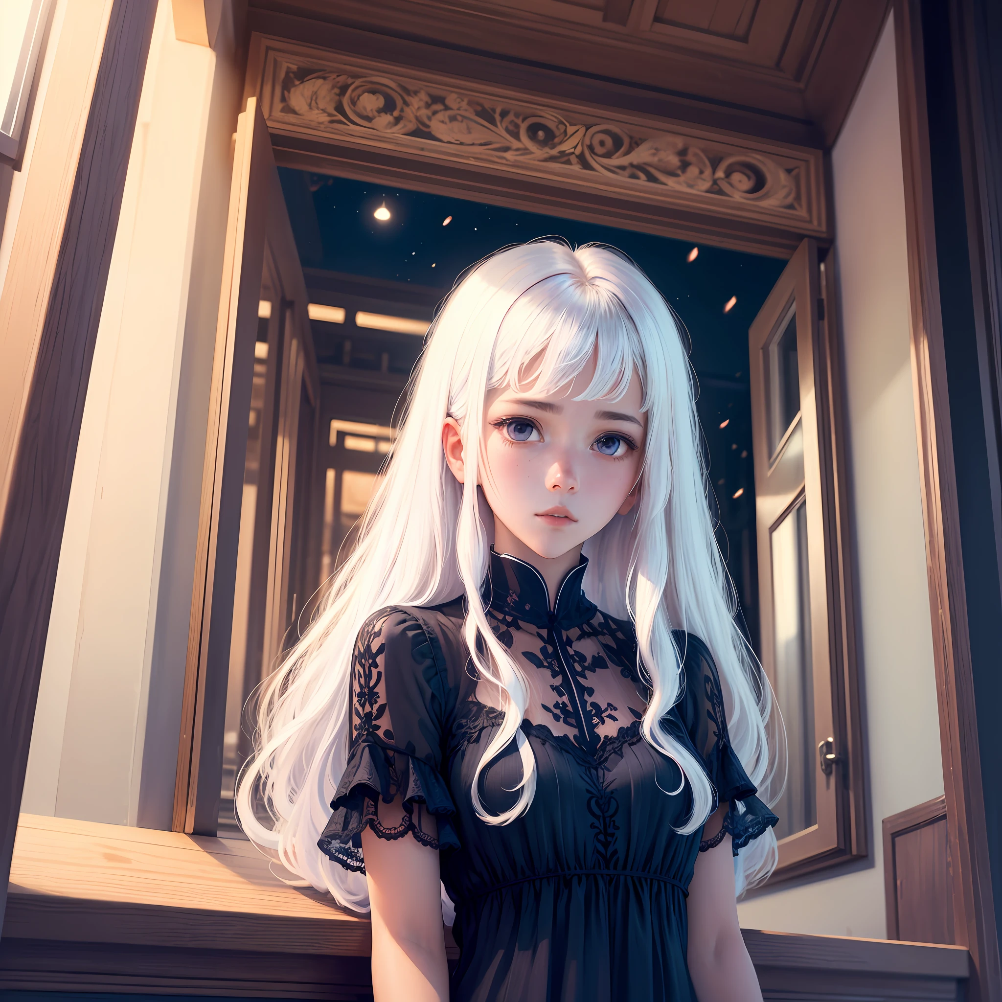 A teenage girl,Long fluffy white hair that curves slightly,By bangs。Purple eye。Lonely and lonely。Black dress,Under the stars。 European window sill balcony in background --auto