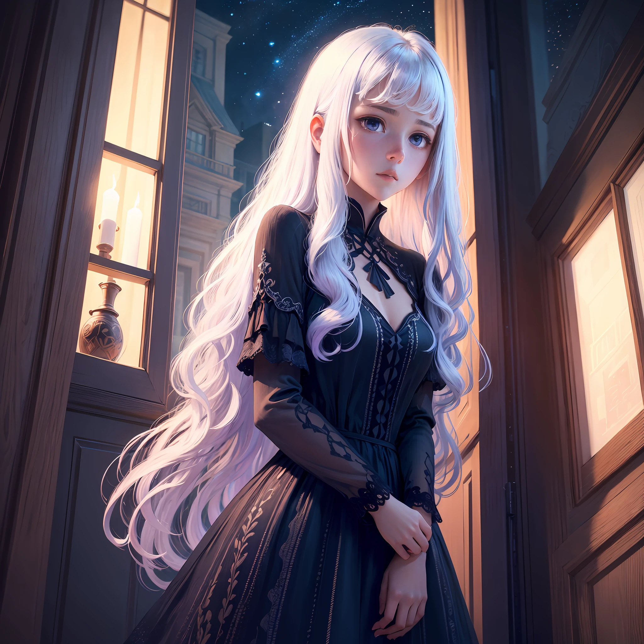 A teenage girl,Long fluffy white hair that curves slightly,By bangs。Purple eye。Lonely and lonely。Black dress,Under the stars。 European window sill balcony in background --auto