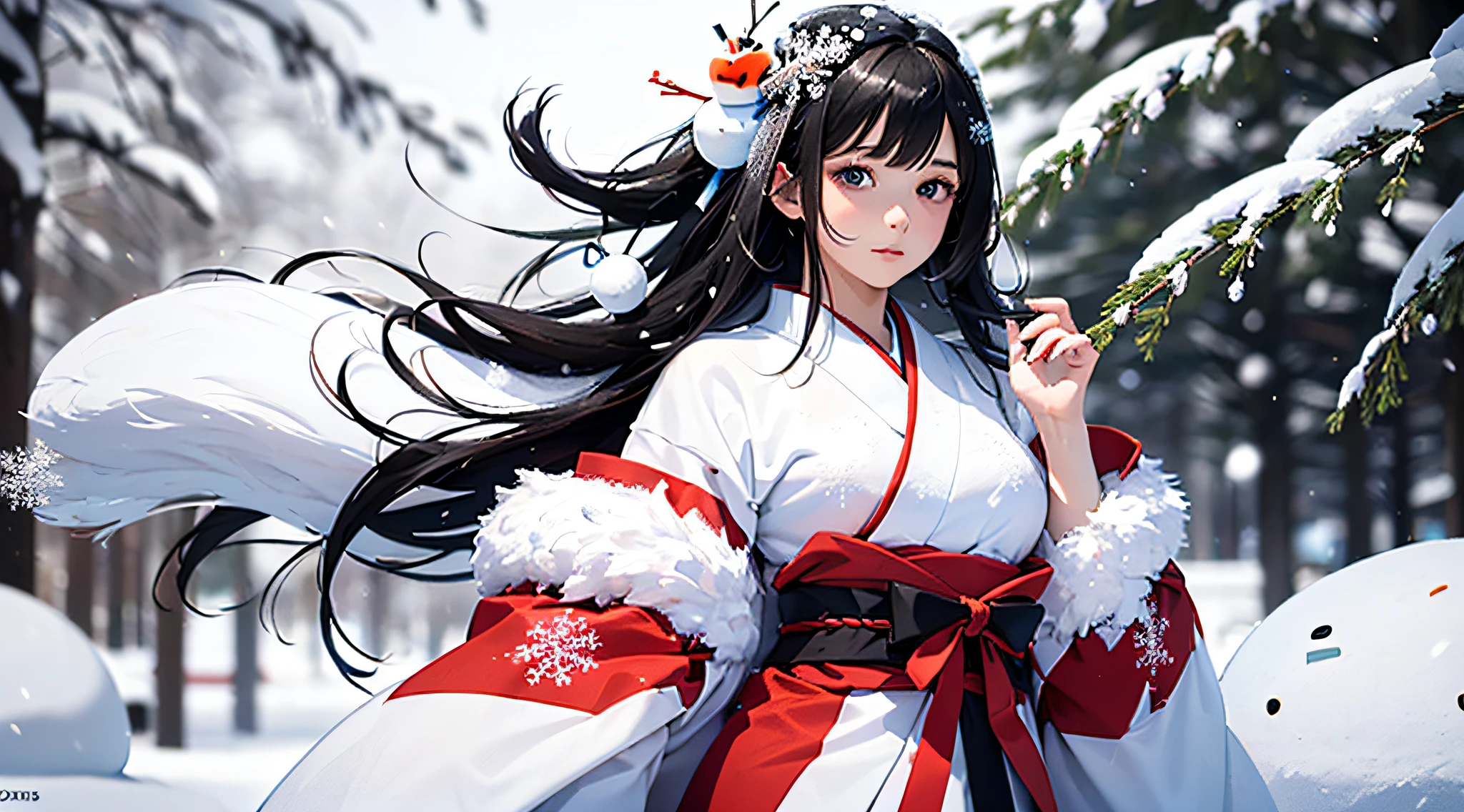 Masterpiece, Realistic, Top Quality, Full Body, Black Ultra Long Hair, (((Beautiful Snow Woman)))), (Beautiful Snow Woman in Old Tales)))), (Japan white kimono and white obi with long red sleeves fluttering only the obi hanging, face pointing downward and narrowed eyes looking up at the viewer)), (((Black hair with snowflake hair ornament and snowman hair fastening)), 20 years old, (Plains in a blizzard)))), ( No headgear))), photorealistic, blur the background