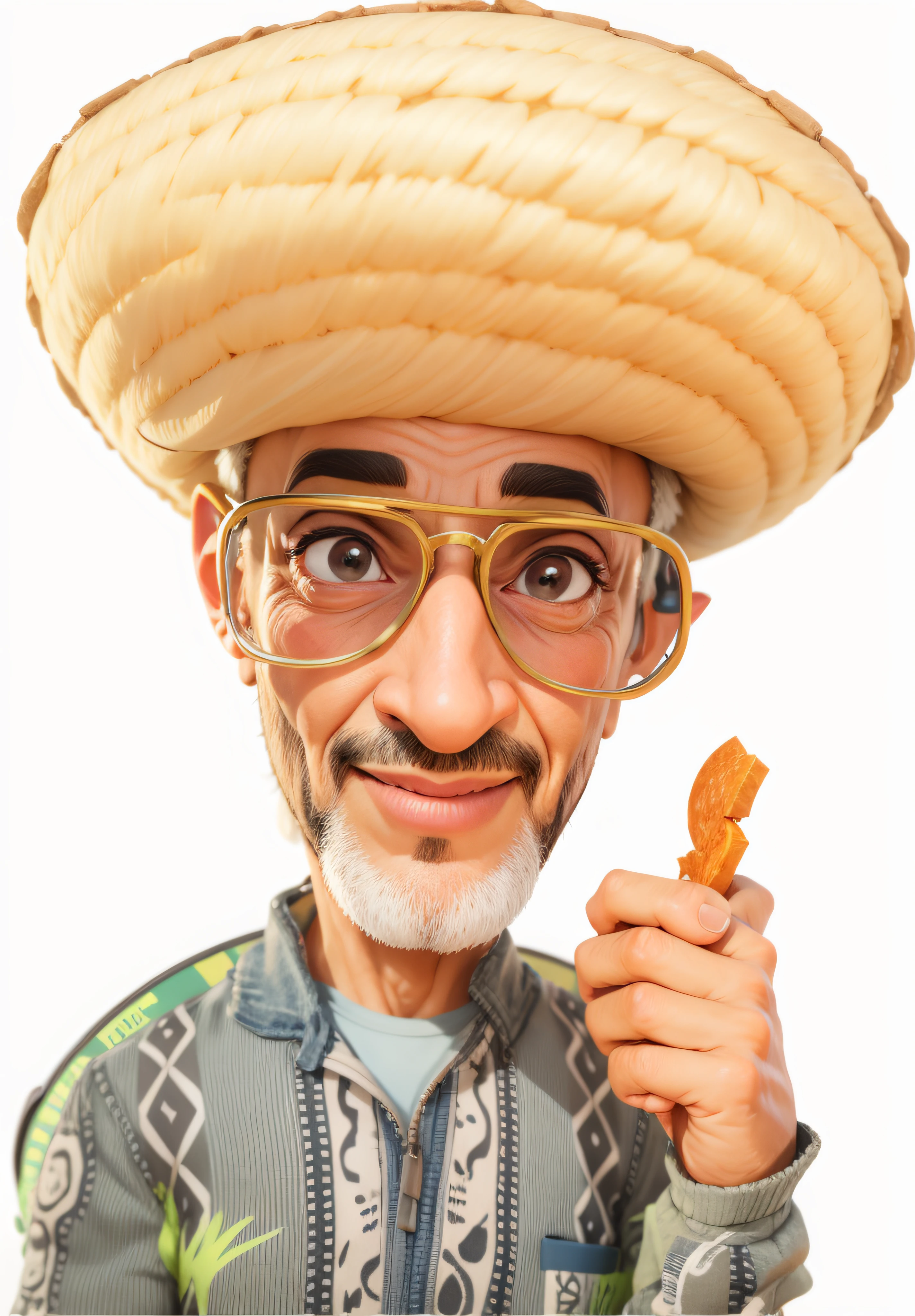 Pele negra, [[queimada do sol] olhos castanhos escuros, sunglasses, lentes coloridas, Barba branca com alguns cabelos pretos, with a cell phone in hand, realista, personagem alegre, Senhor de 75 anos, caricatura, 3D 4K