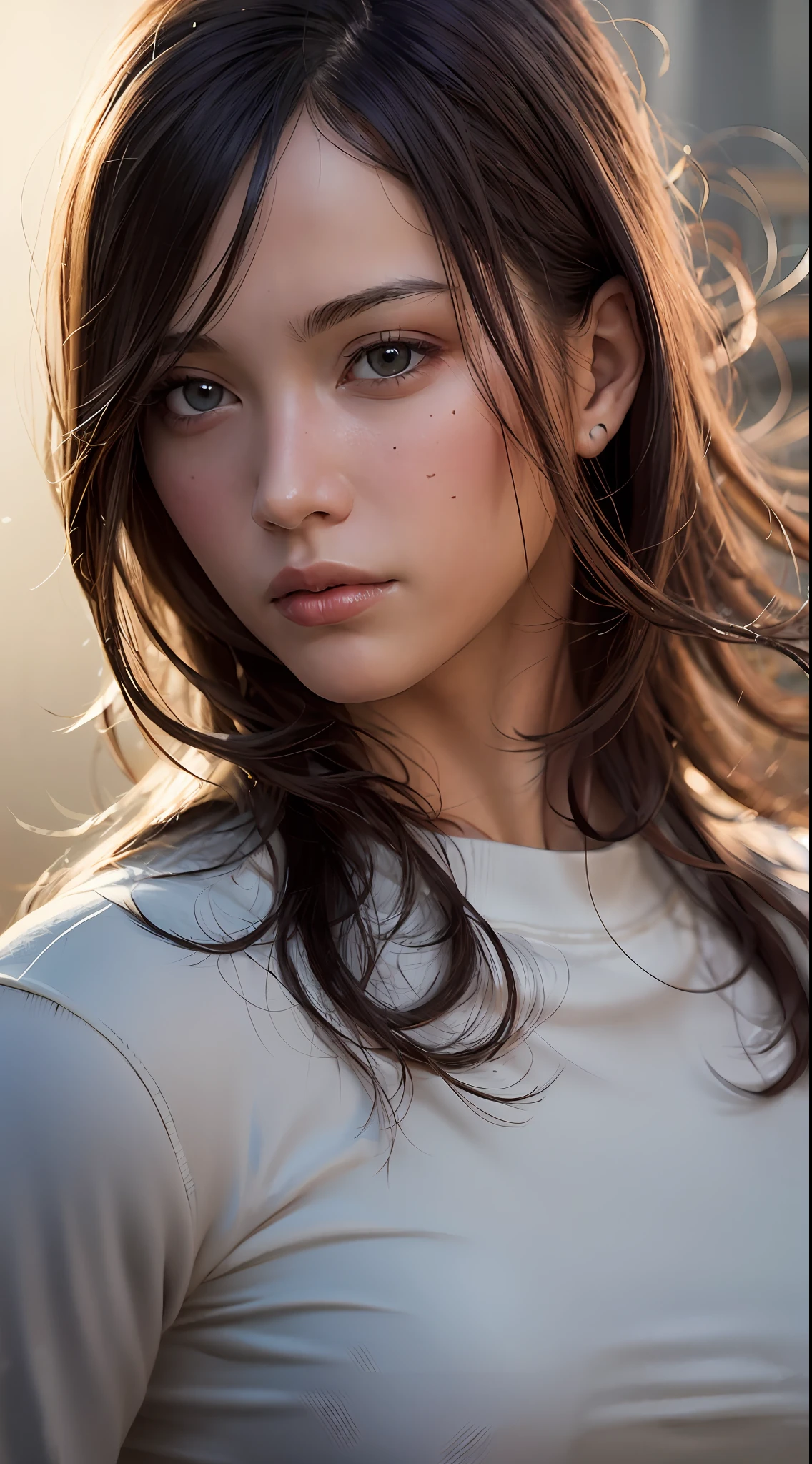 dressed, (photo realistic:1.4), (hyper realistic:1.4), (realistic:1.3), (smoother lighting:1.05), (increase cinematic lighting quality:0.9), 32K, 1girl,20yo girl, realistic lighting, backlighting, light on face, ray trace, (brightening light:1.2), (Increase quality:1.4), (best quality real texture skin:1.4), finely detailed eyes, finely detailed face, finely quality eyes, (tired and sleepy and satisfied:0.0), face closeup, t-shirts, (Increase body line mood:1.1), (Increase skin texture beauty:1.1)