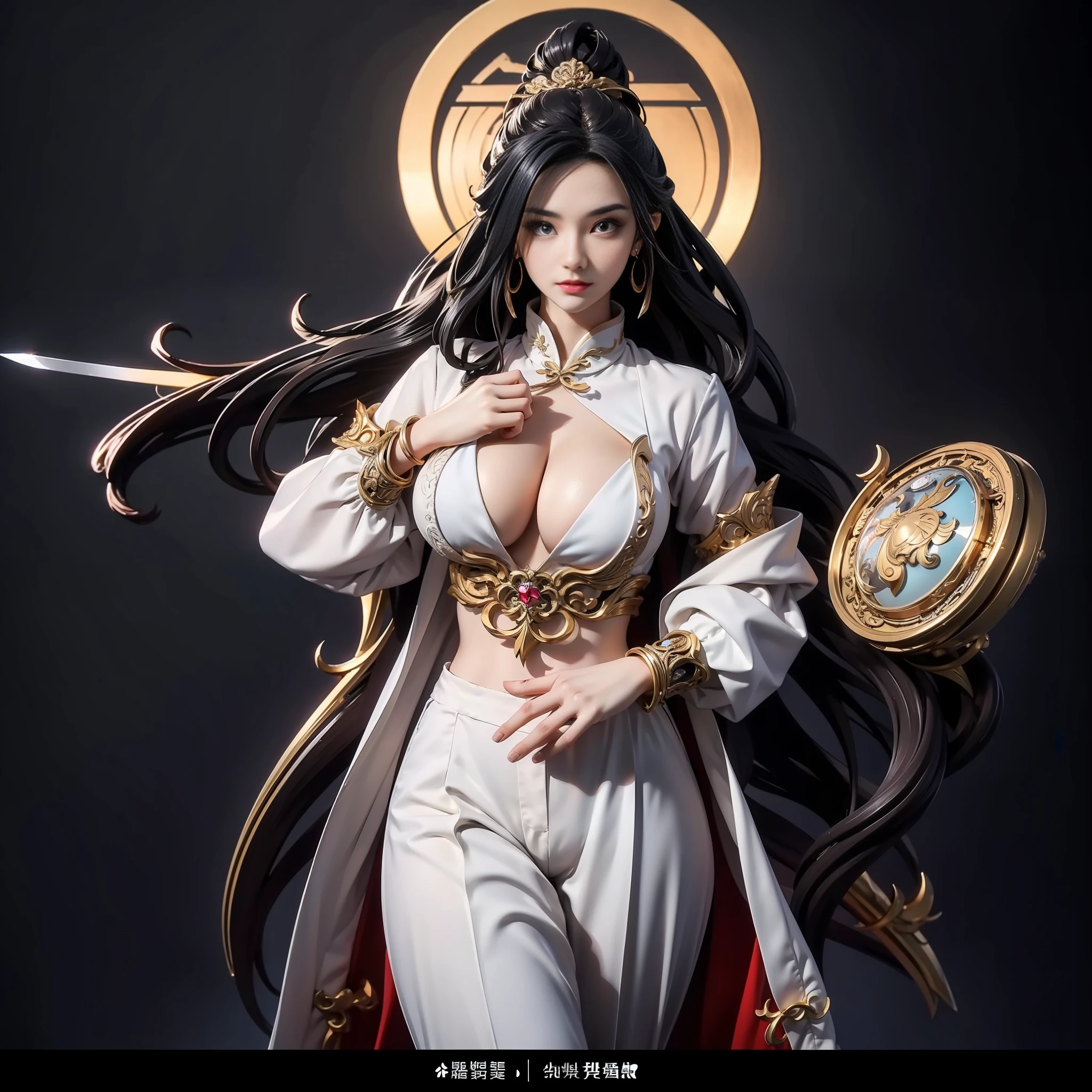 offcial art,统一 8k 壁纸,ultra detali,Beauty and aesthetics,hightquality,beatifull,a masterpiece of,the best quality,Girl Huge breasts,Figures,statues,Chinese elements,swordsmen,simplebackground,long-sleeves,long trousers,