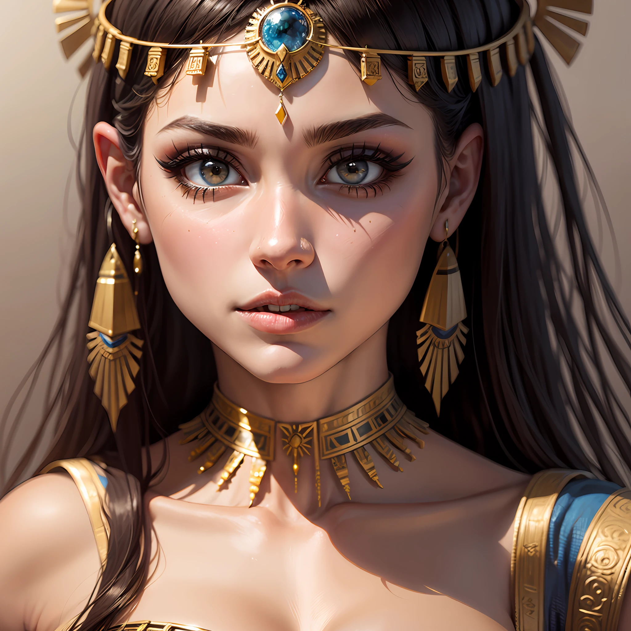 Make Cleopatra with a crooked nose, olhos pretos e rosto muito magro e cumprido, boca bem grandes --auto