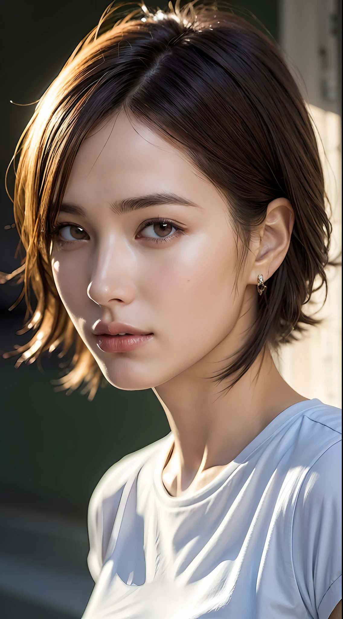dressed, (photo realistic:1.4), (hyper realistic:1.4), (realistic:1.3), (smoother lighting:1.05), (increase cinematic lighting quality:0.9), 32K, 1girl,20yo girl, realistic lighting, backlighting, light on face, ray trace, (brightening light:1.2), (Increase quality:1.4), (best quality real texture skin:1.4), finely detailed eyes, finely detailed face, finely quality eyes, (tired and sleepy and satisfied:0.0), face closeup, t-shirts, (Increase body line mood:1.1), (Increase skin texture beauty:1.1)