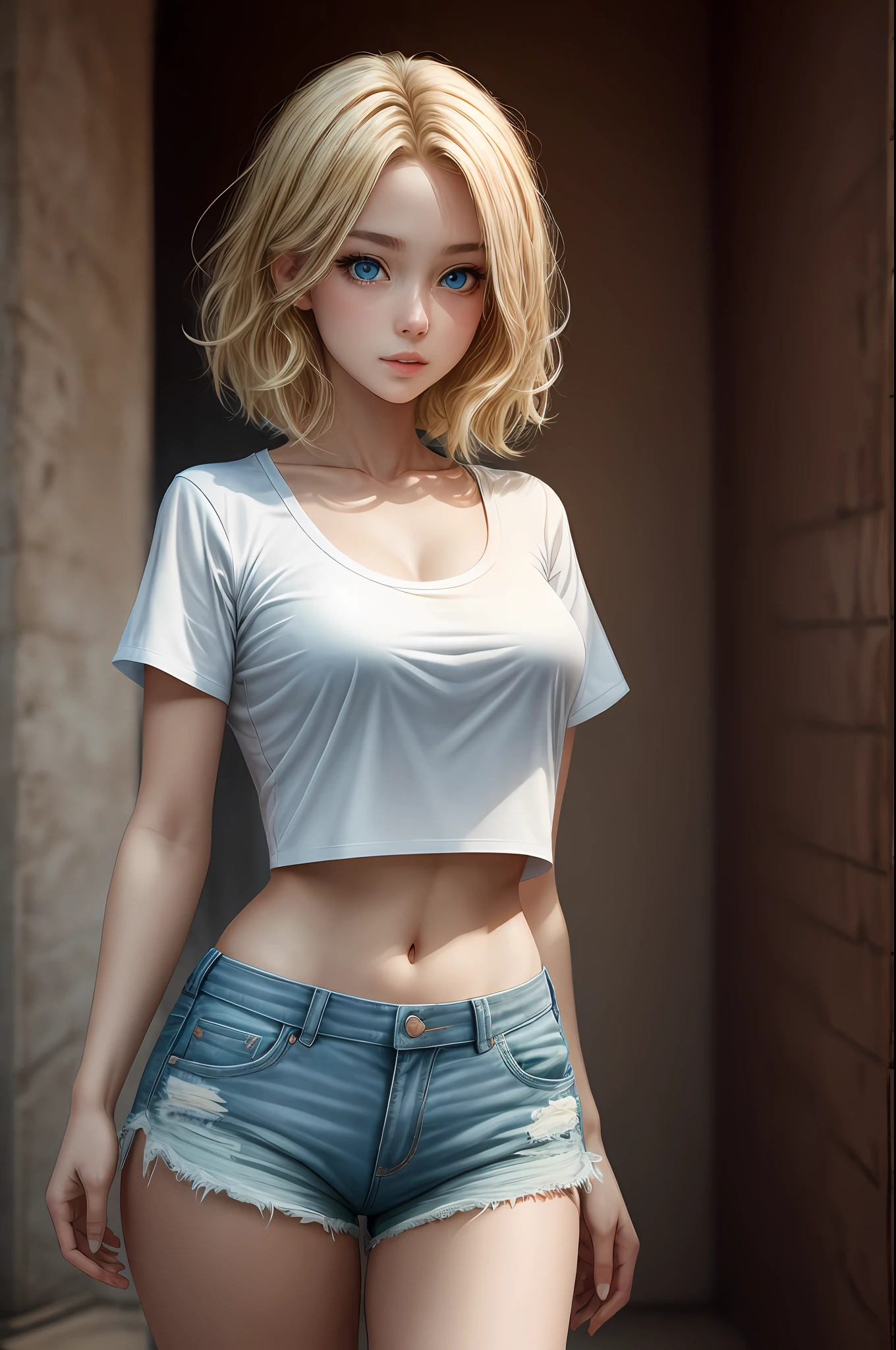 masterpiece, best quality, 1girl, from below, shorts, crop top, blonde hair, blue eyes, skin texture