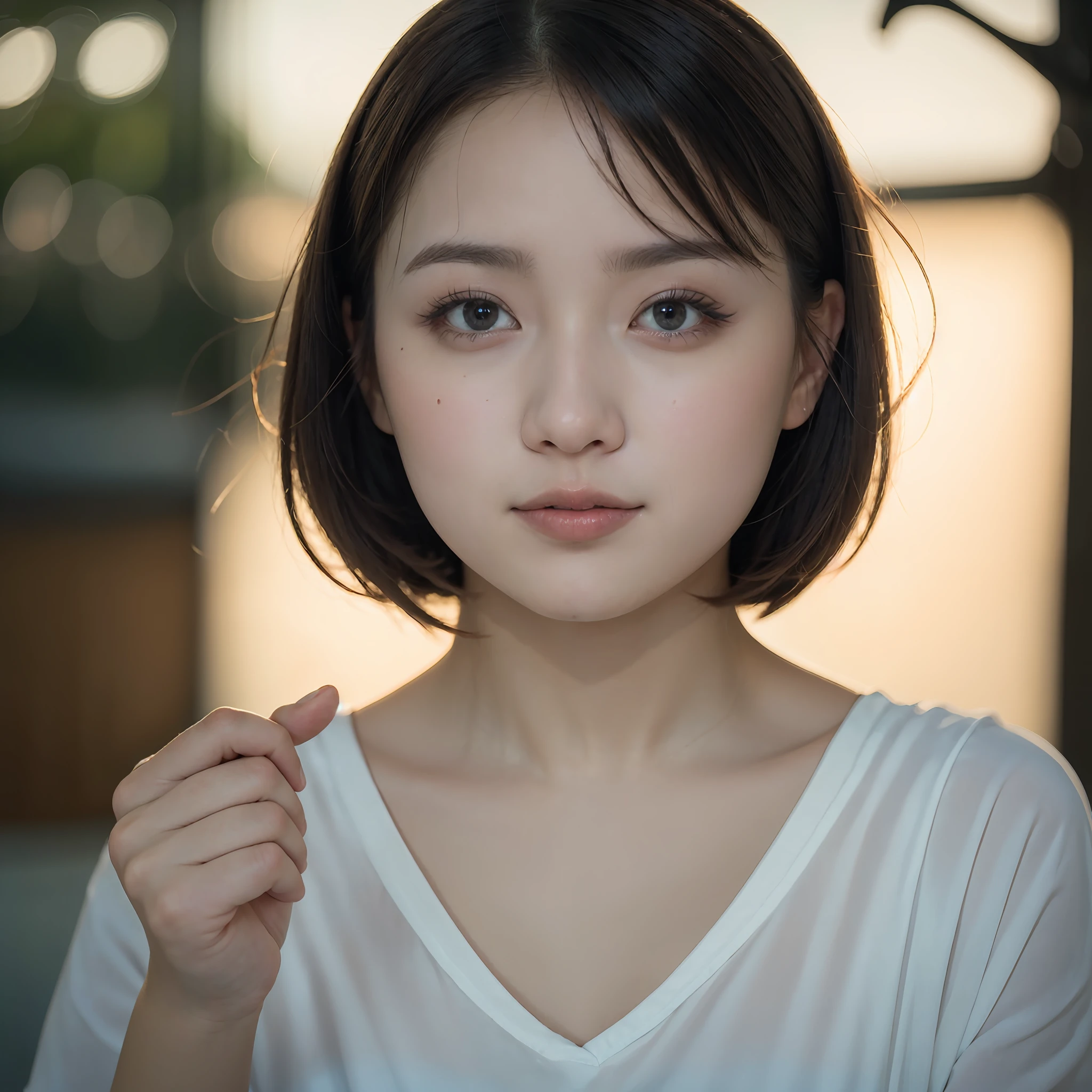 best quality, masterpiece, 1girl, Beautiful face, (photo realistic:1.3), rim lighting, (high detailed skin:1.2), 8k uhd, dslr, high quality, high resolution, 4k, 8k, Bokeh, absurdres, best ratio four finger and one thumb, (realistic:1.3), cute 1girl, closed up, short hair, bangs