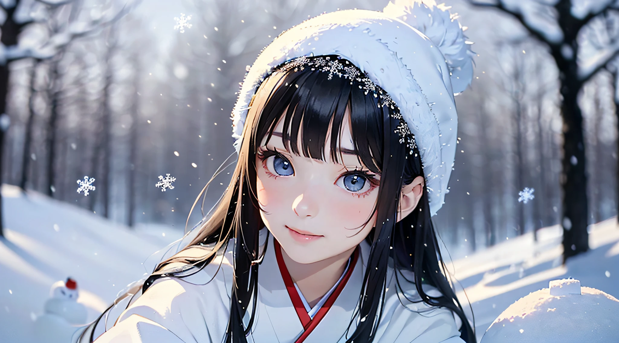 Masterpiece, Realistic, Top Quality, Full Body, Black Ultra Long Hair, (((Beautiful Snow Woman)))), (Beautiful Snow Woman in Old Tales)))), (Japan white kimono and white obi with long red sleeves fluttering only the obi hanging, face pointing downward and narrowed eyes looking up at the viewer)), (((Black hair with snowflake hair ornament and snowman hair fastening)), 20 years old, (Plains in a blizzard)))), ( No headgear))), photorealistic, blur the background
