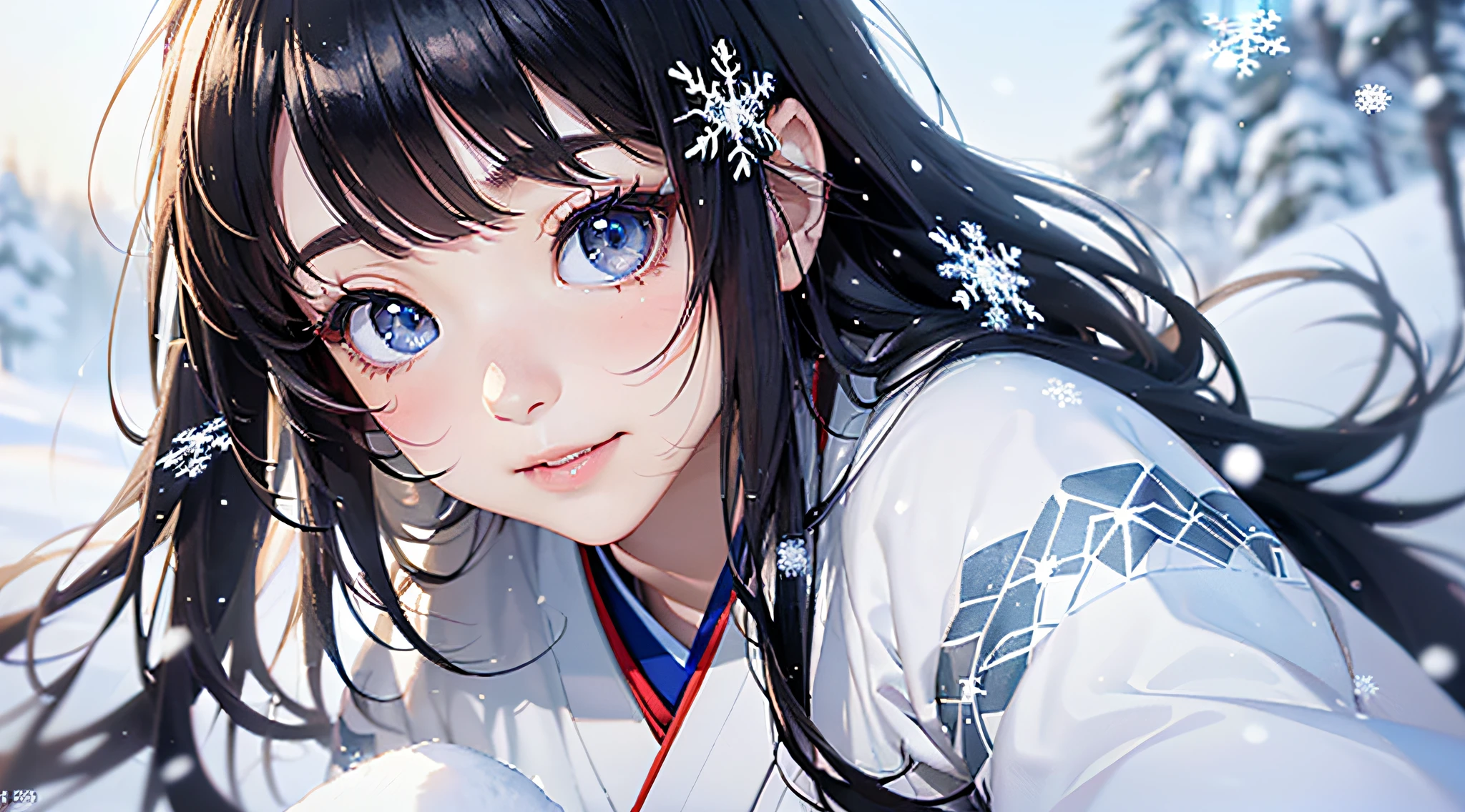 Masterpiece, Realistic, Top Quality, Full Body, Black Ultra Long Hair, (((Beautiful Snow Woman)))), (Beautiful Snow Woman in Old Tales)))), (Japan white kimono and white obi with long red sleeves fluttering only the obi hanging, face pointing downward and narrowed eyes looking up at the viewer)), (((Black hair with snowflake hair ornament and snowman hair fastening)), 20 years old, (Plains in a blizzard)))), ( No headgear))), photorealistic, blur the background
