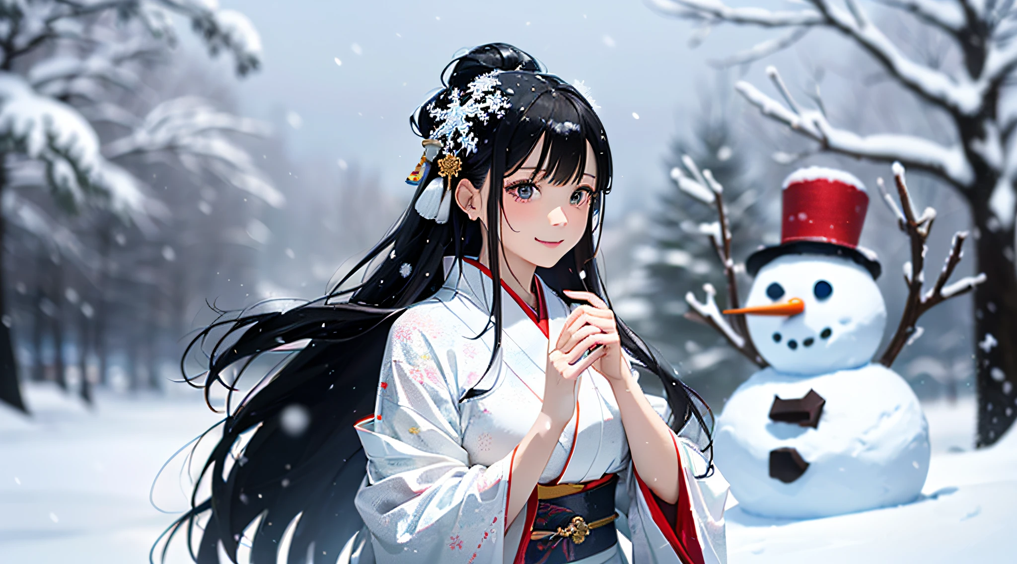 Masterpiece, Realistic, Top Quality, Full Body, Black Ultra Long Hair, (((Beautiful Snow Woman)))), (Beautiful Snow Woman in Old Tales)))), (Japan white kimono and white obi with long red sleeves fluttering only the obi hanging, face pointing downward and narrowed eyes looking up at the viewer)), (((Black hair with snowflake hair ornament and snowman hair fastening)), 20 years old, (Plains in a blizzard)))), ( No headgear))), photorealistic, blur the background