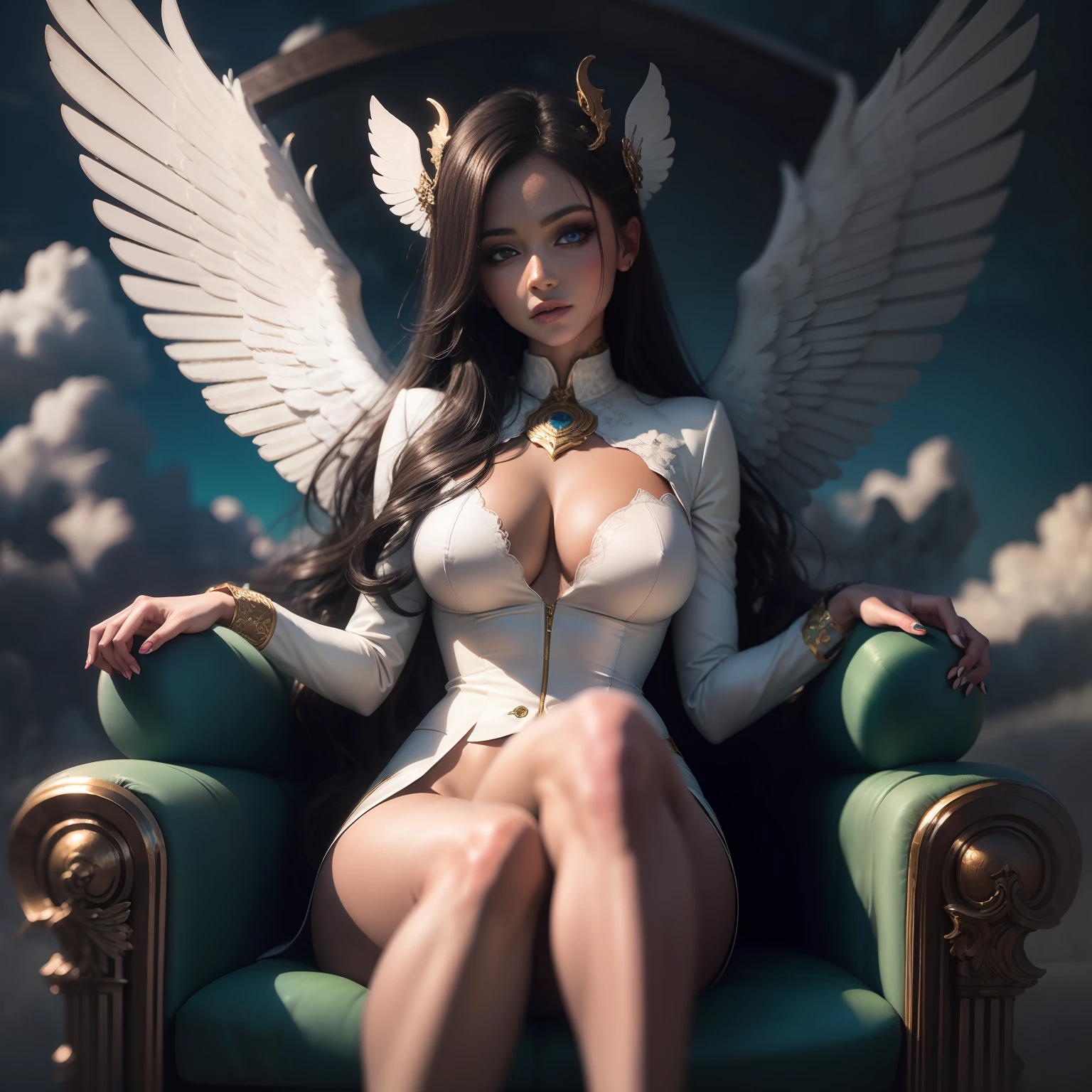 A Masterpice, Sexy Angel girl, with big assets in a sexy white suit, perfect body, perfect face, perfect blue eyes, Big Perfect Wings, sitting on a throne at heaven, Heavenly sky background, detailed and intrincicated, HD