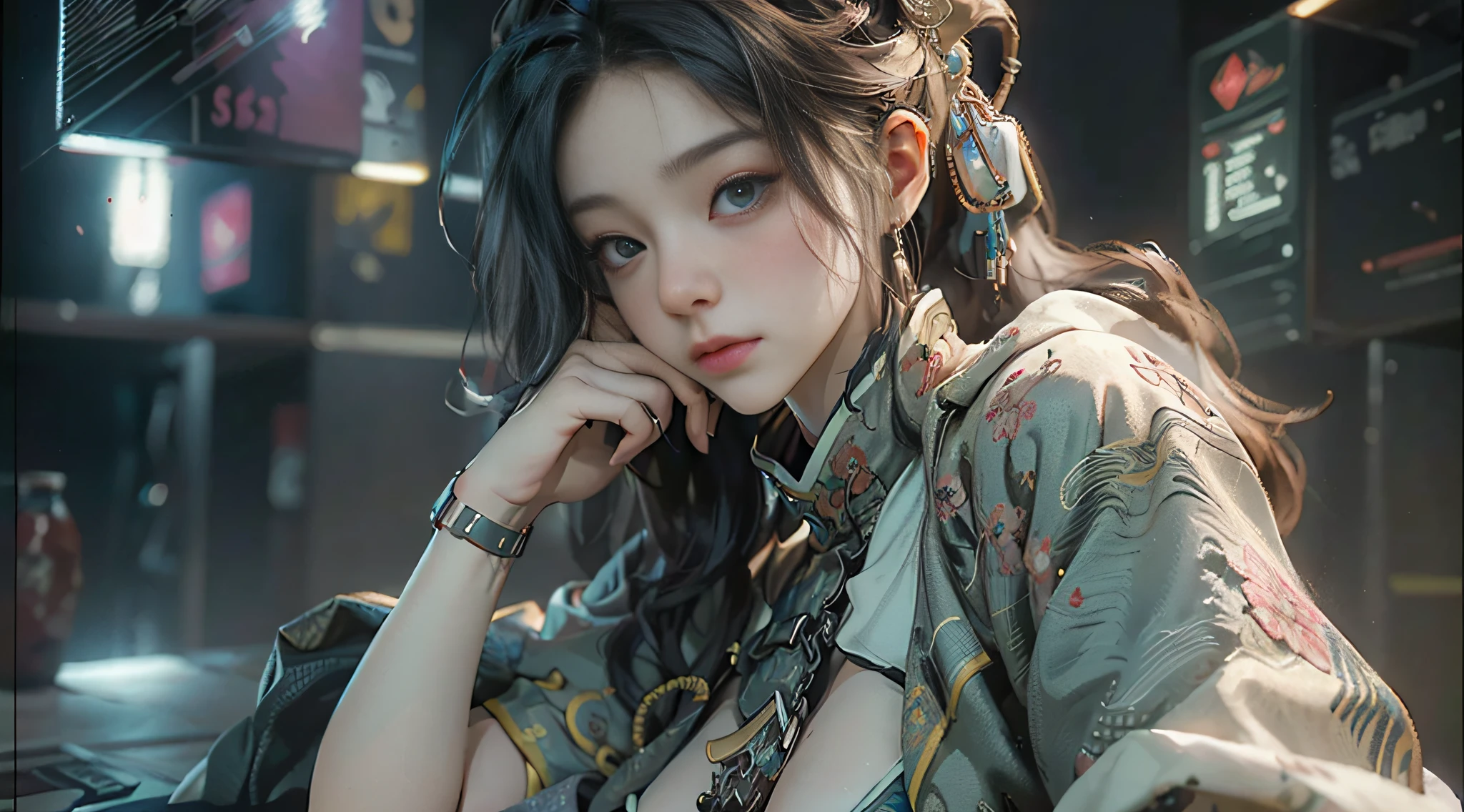 ((Best Quority)), ((a masterpiece of)), (the detail:1.4), 3D, A beautiful cyberpunk female image,hdr(HighDynamicRange),ancient Chinese costume,Satin costumes,raytrace,NVIDIA RTX,Hyper-Resolution,Unreal 5,Subsurface scattering、PBR Texture、post-processed、Anisotropy Filtering、depth of fields、maximum definition and sharpness、multi-layer texture、Albedo e mapas Speculares、Surface coloring、Accurate simulation of light-material interactions、perfectly proportioned、rendering by octane、Two-colored light、Large aperture、Low ISO、White balance、thirds rule、8K raw data、Bare chest、large tities、