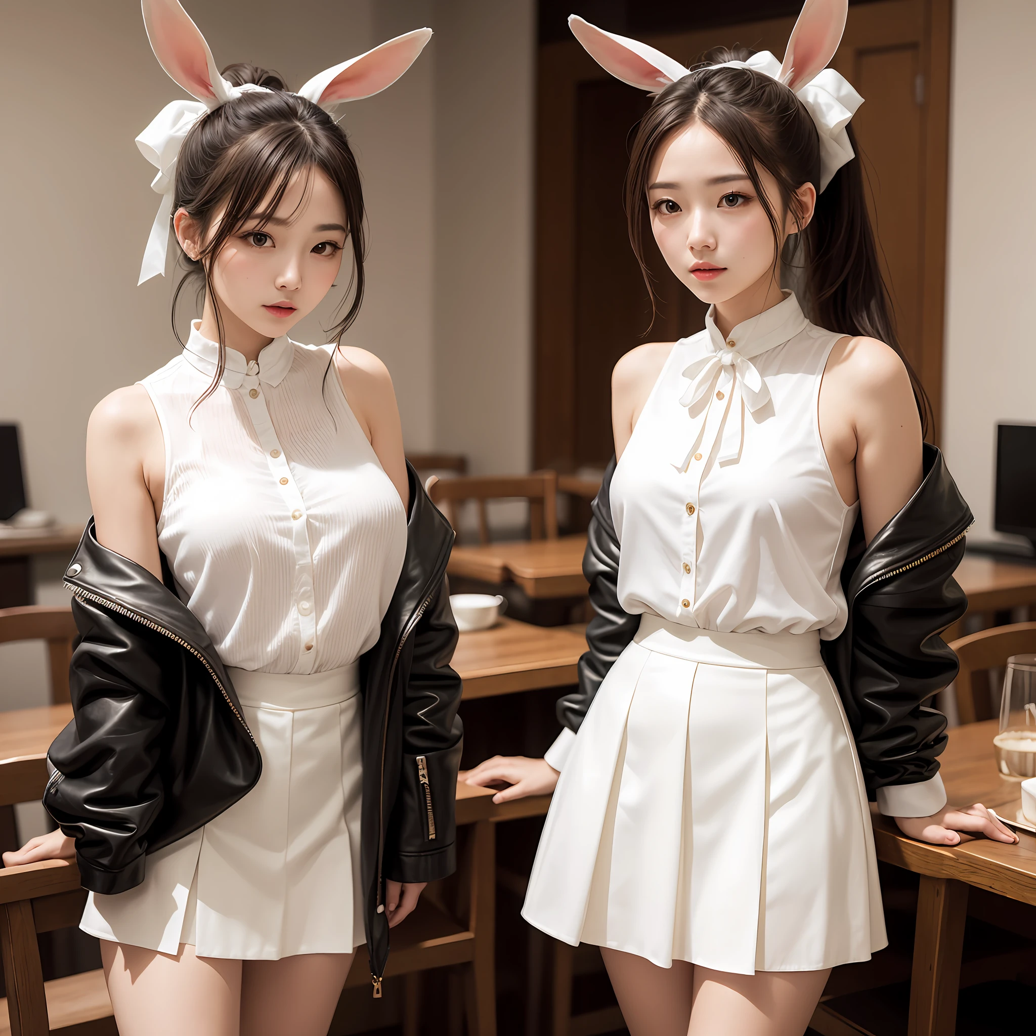 Portrait of stunning beautiful woman, rabbit ear,Ponytail tied by red ribbon, one white winged,E-Cup bust,age 18,wide opened white blouse,extra short leather skirt --auto