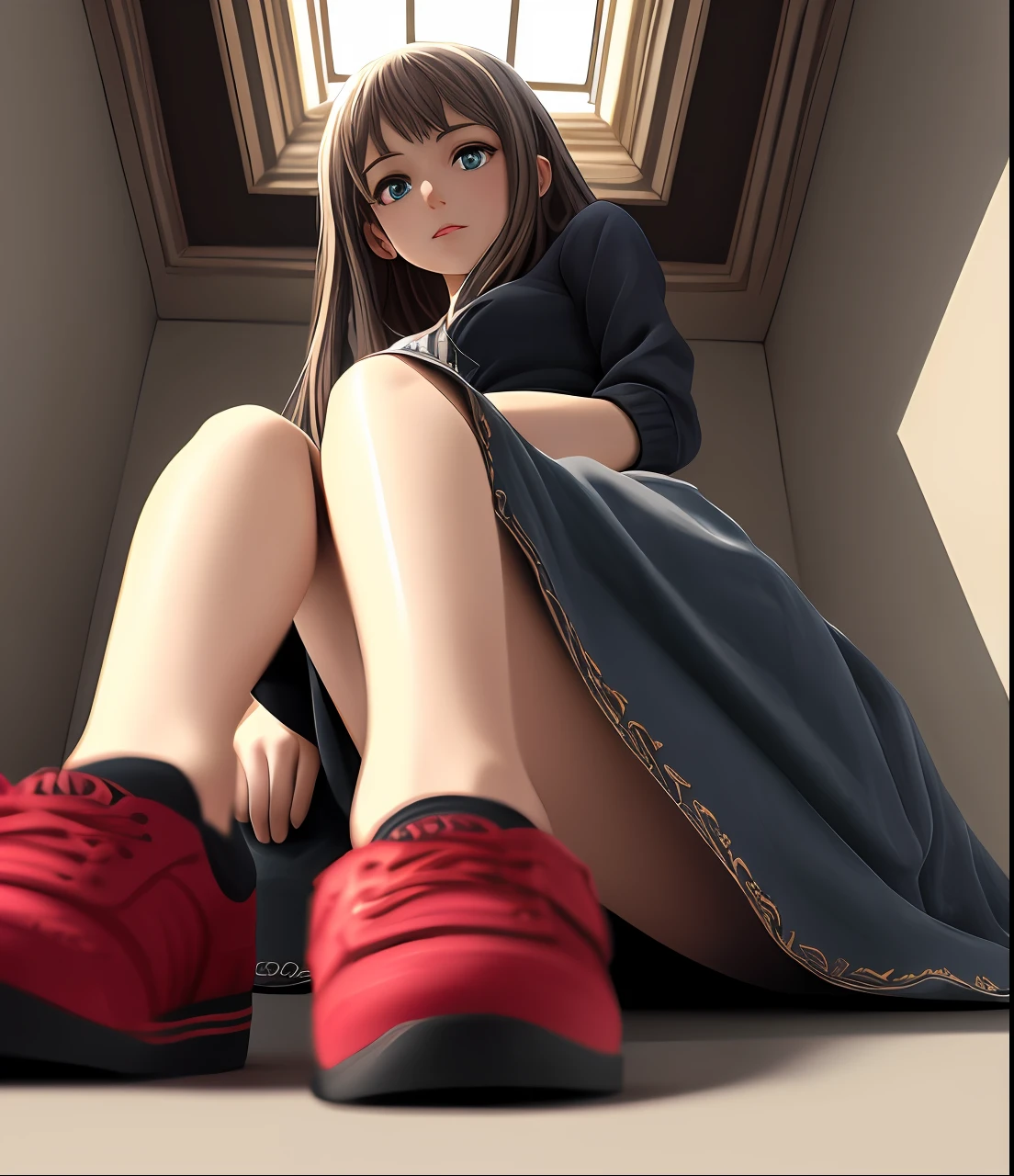 (masterpiece), (best quality) , highres, extremely detailed figure, Amazing, a lovely girl as a gentle ((giantess)) , pov, muted Color, low angle shot, viewer from below, open hand Feature, shoes Feature, solo, illustration, highly detailed, (1 girl), soft light, [bright eyes], relaxed, li, (looks into camera), tread, overlook