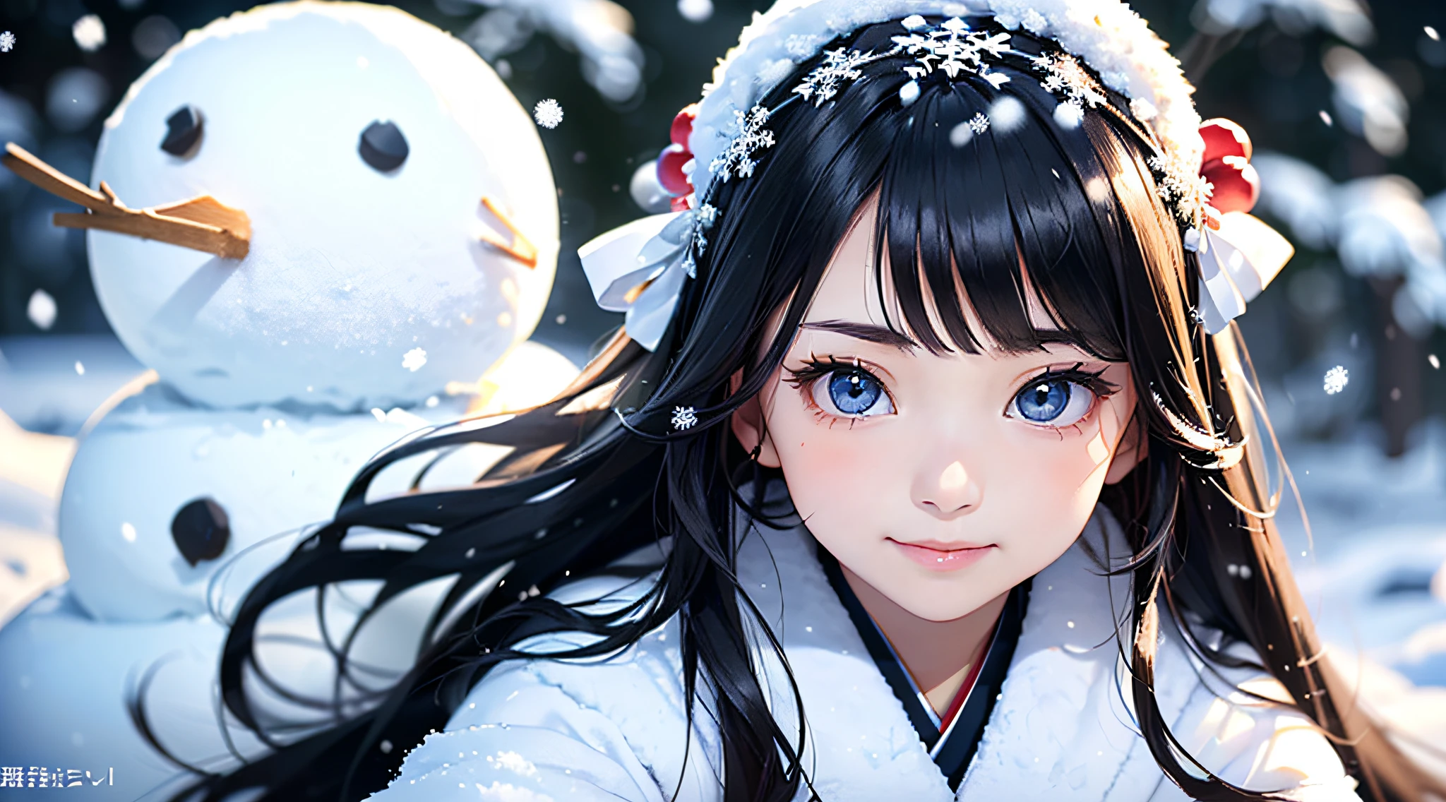 Masterpiece, Realistic, Top Quality, Full Body, Black Ultra Long Hair, (((Beautiful Snow Woman)))), (Beautiful Snow Woman in Old Tales)))), (Japan white kimono and white obi with long red sleeves fluttering only the obi hanging, face pointing downward and narrowed eyes looking up at the viewer)), (((Black hair with snowflake hair ornament and snowman hair fastening)), 20 years old, (Plains in a blizzard)))), ( No headgear))), photorealistic, blur the background