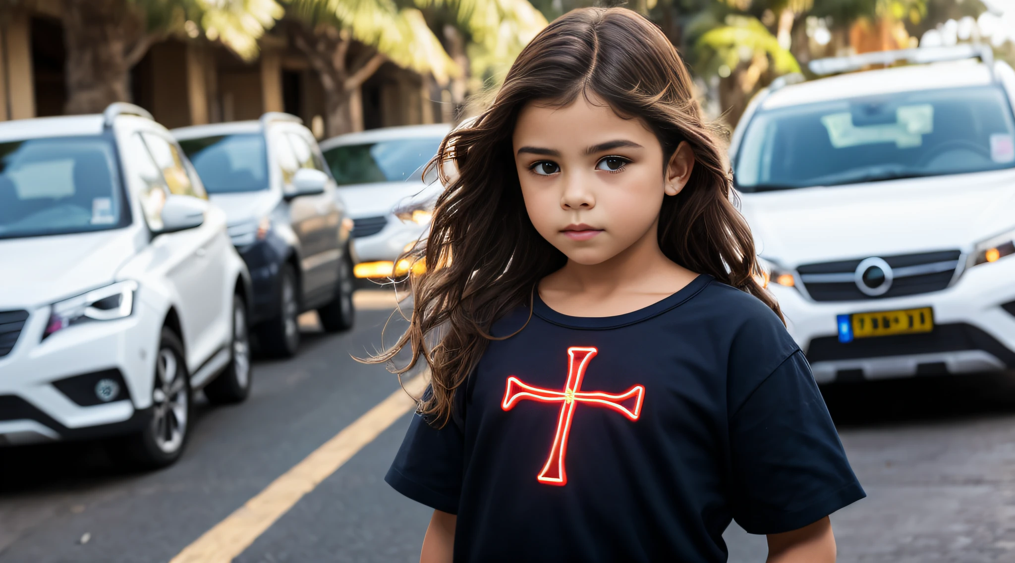 MENINA LOIRA 10 ANOS, cabelos LOIROS muito longos, uma cruz , retrato, foto de zoom detalhada, Crucifixo, Cruzes, cruz, neon cross.