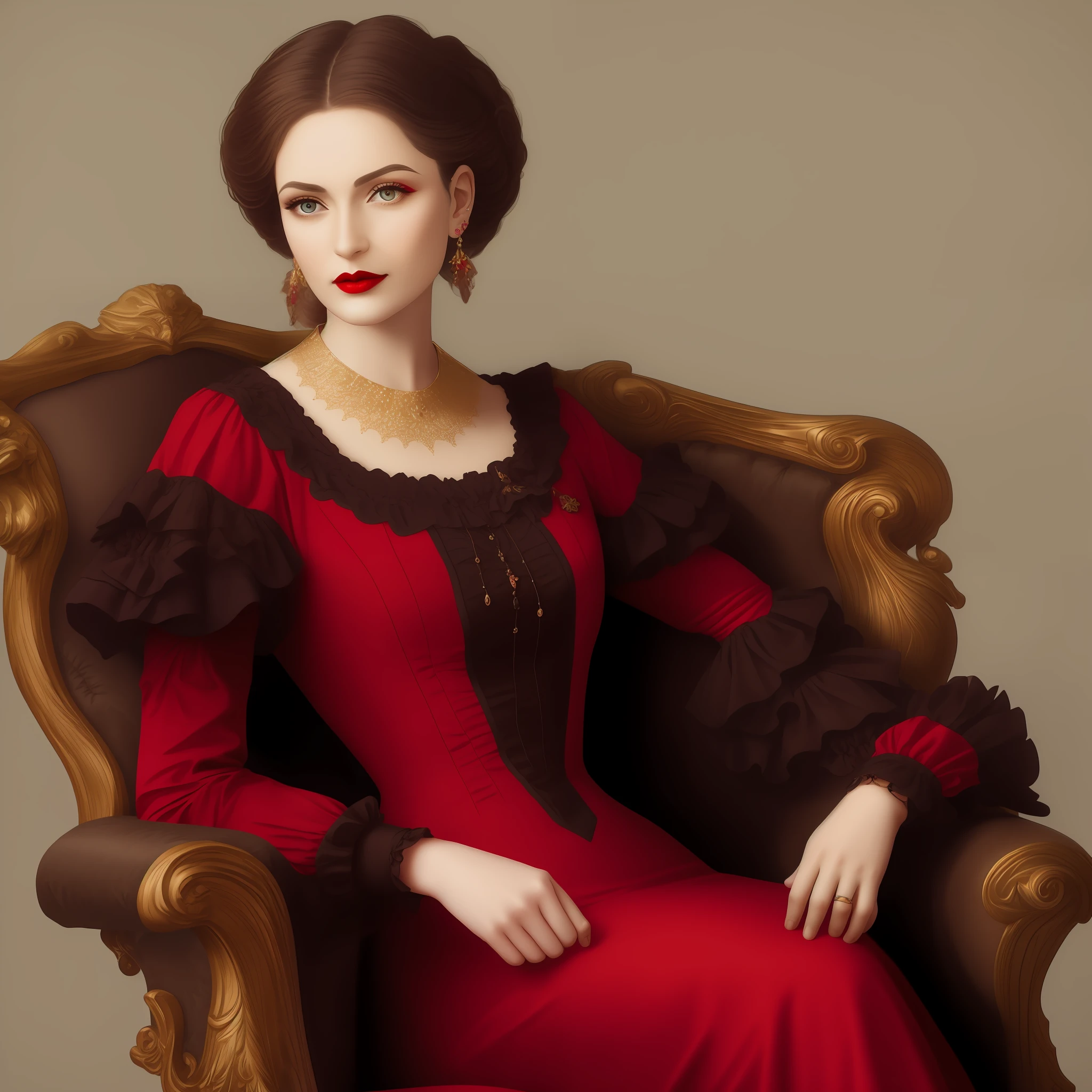 Woman, fifty years old, armchair, noble, jewellery, ear ring, russian face, makeup, red lips, brown fancy hair, noble dress, single, one person, victorian dress
