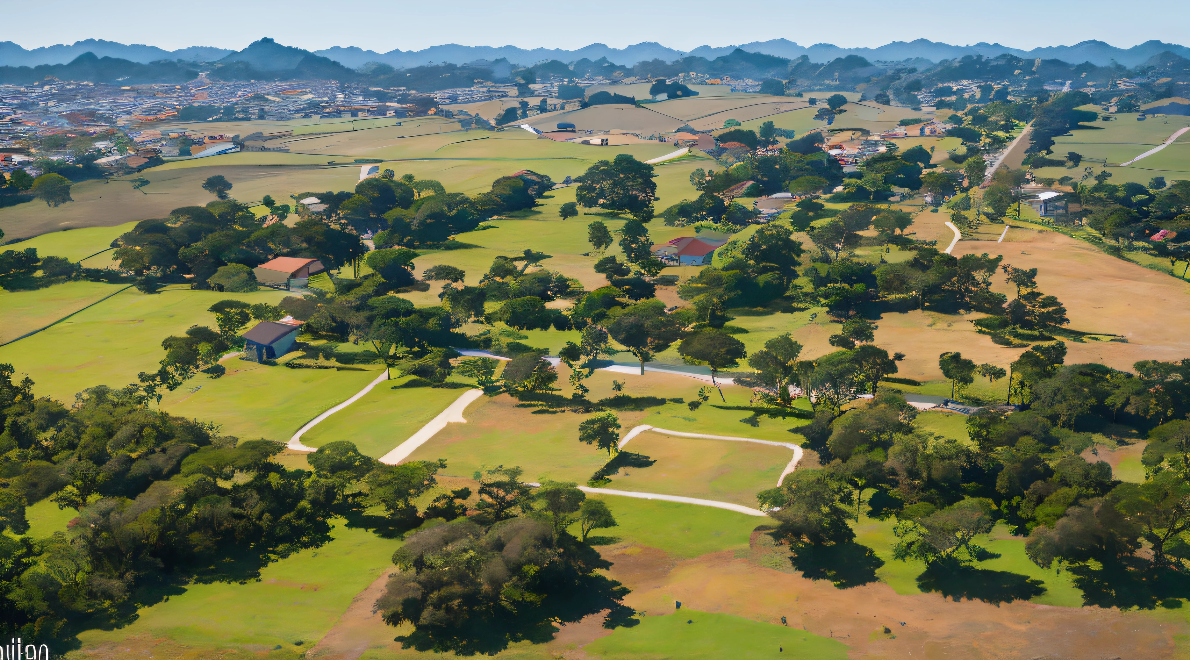 um retrato de um vilarejo, View from above, rodeado por vastos campos, exuberantes, 8k, ultra realista, foto raw, alta resolução, qualidade de cinema --auto