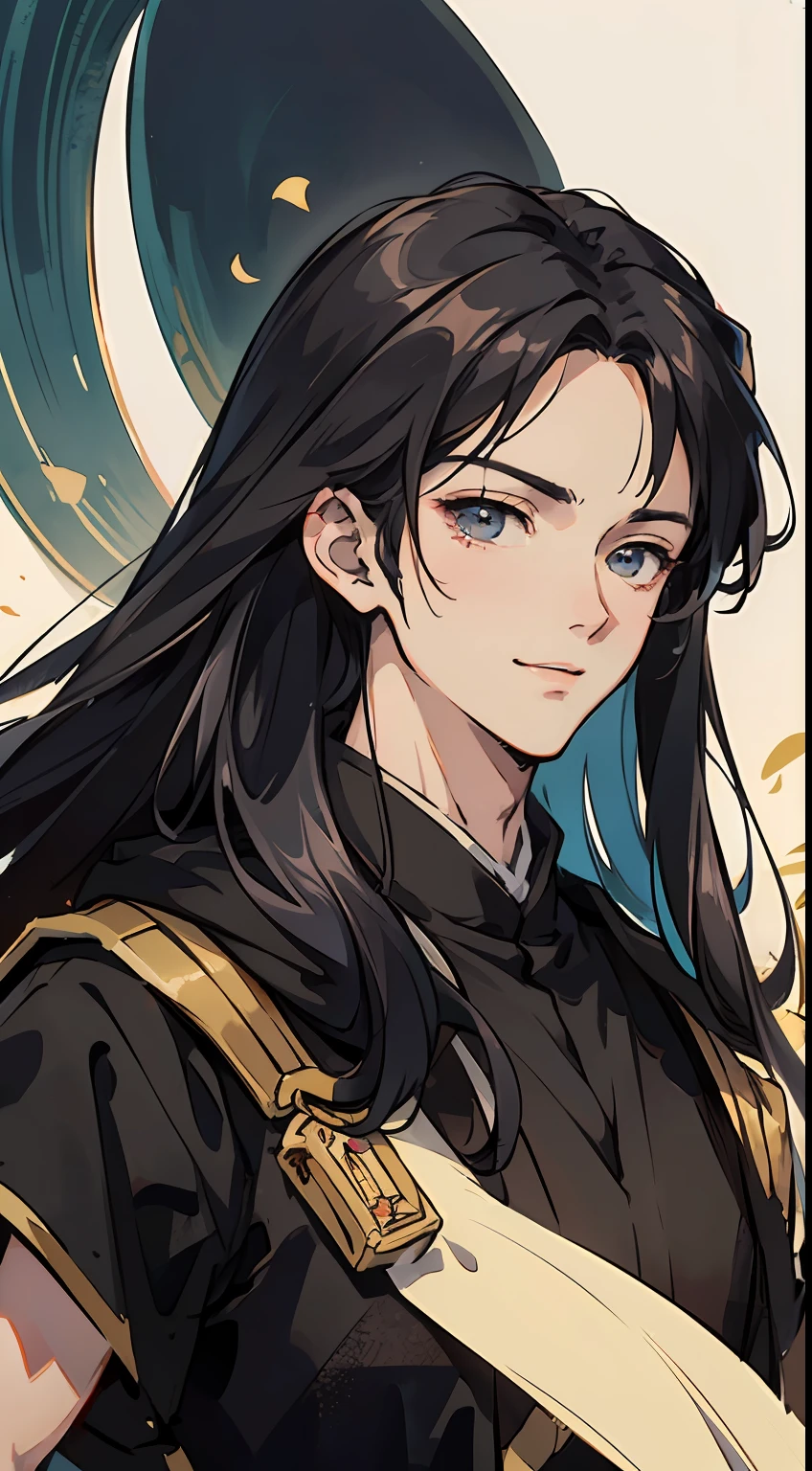 (Long-haired black-robed male character*1.1),Portrait of character,Upper body body,(Anime handsome man+full body wuxia:0.8),(Handsome anime pose+ssmile),Xianxia background,Ancient wind
