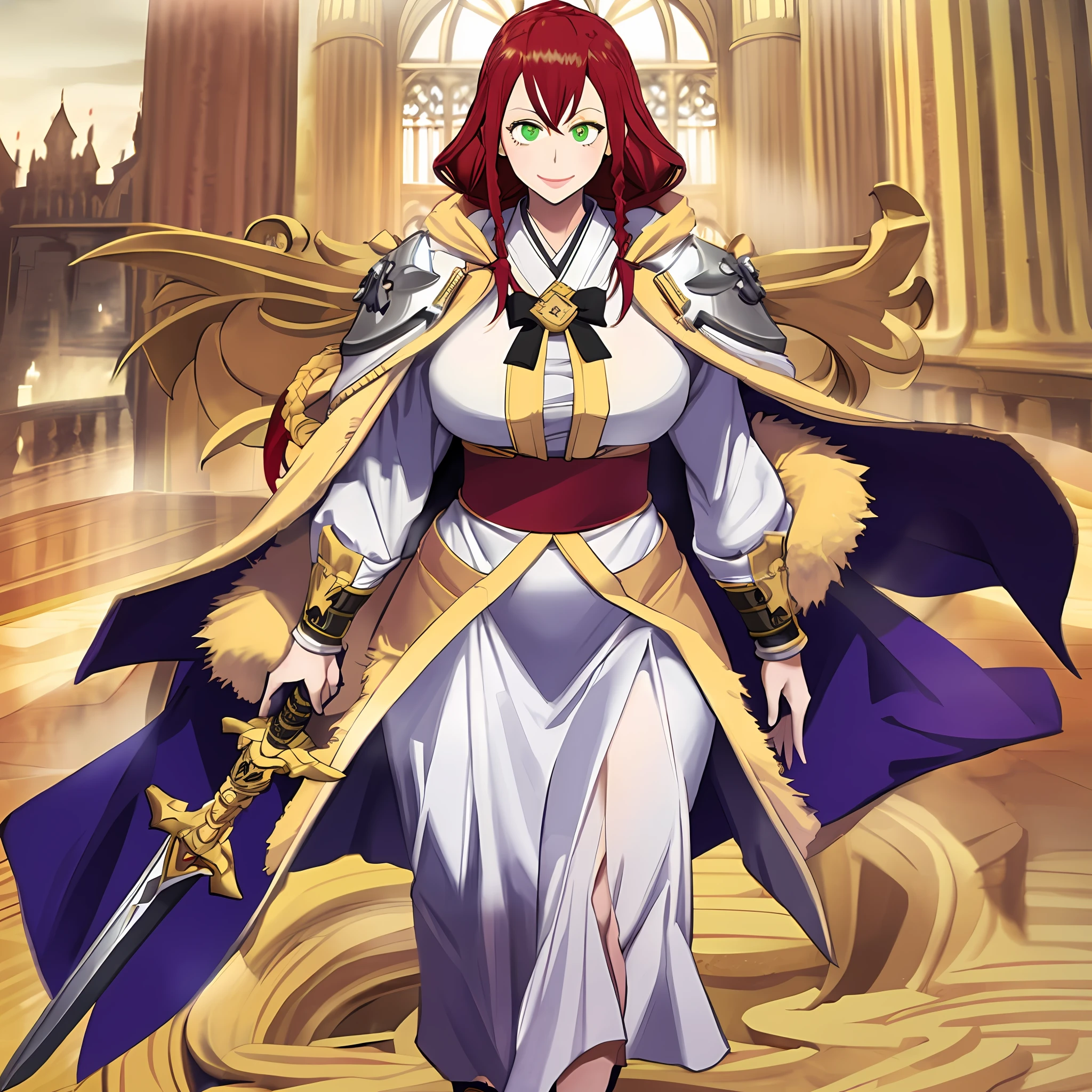 tsubaki yayoioi , blazblue, red hair, green eyes, long hair, tall female, warrior, sword, medieval, twin braids, priestess, holy, holy helmet, medium breasts, yellow cape, stylised helmet, light smile, full body, gold,european cloths, medieval , england, full body, christian, walking, solo focus, holding weapon