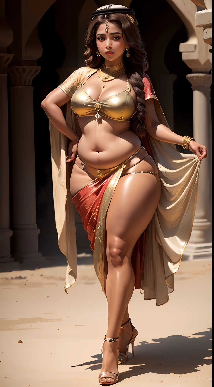 (20 years old), (arabian girl:1.5) perfect face, (chubby:1.4) child in saree perfect full HDR body exposed midriff highleg loli flat chest curvy indian armpits bellydancer 8k  high res knees ankles , royal skimpy underwear, cleavage (shiny skin:1.5) depth of field (full body shot) (high heels) (brown skin:1.7) white theme