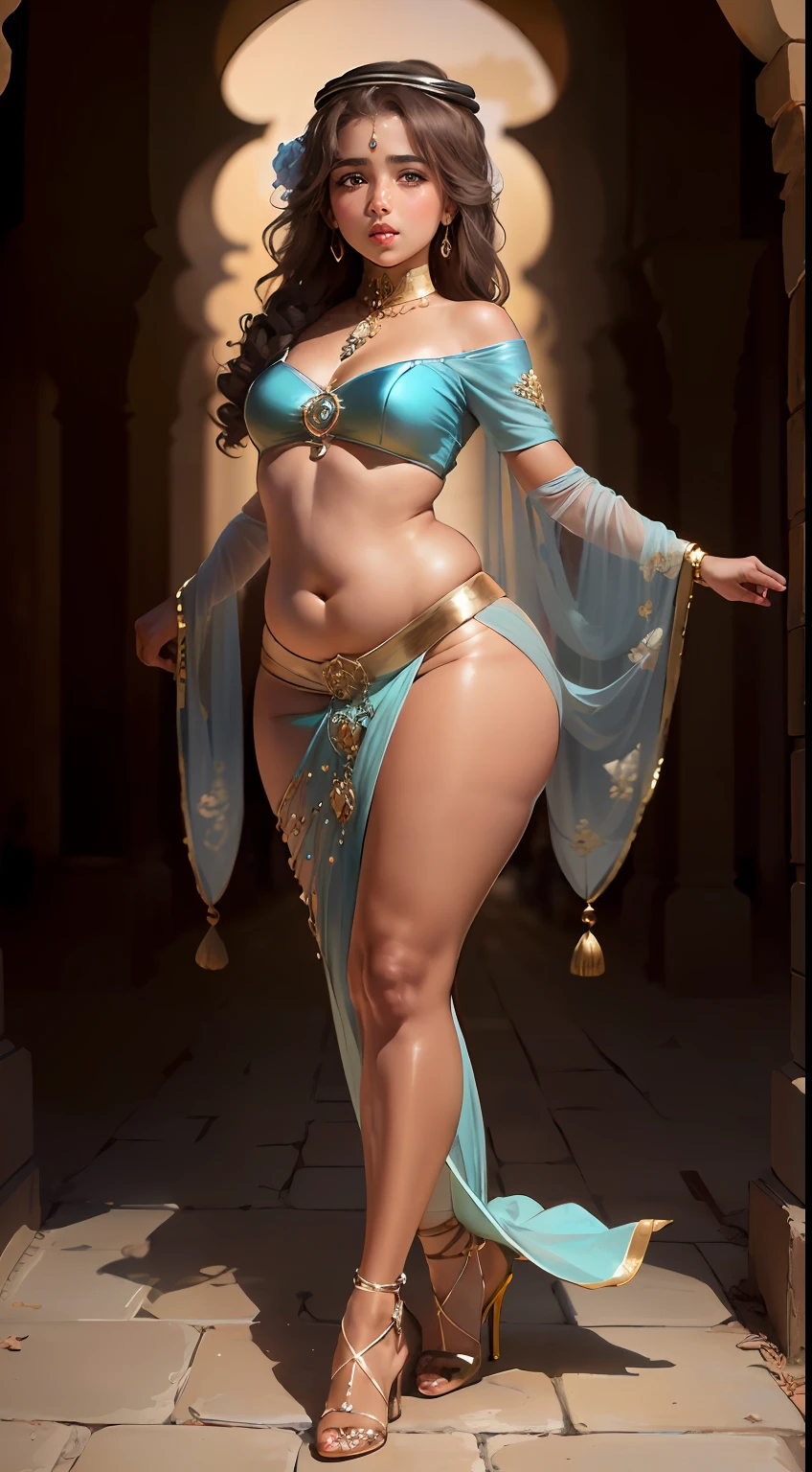 (20 years old), (arabian girl:1.5) perfect face, (chubby:1.4) child in saree perfect full HDR body exposed midriff highleg flat chest curvy indian armpits bellydancer 8k high res knees ankles , royal skimpy underwear, cleavage (shiny skin:1.5) depth of field (full body shot) (high heels) (brown skin:1.7) white theme