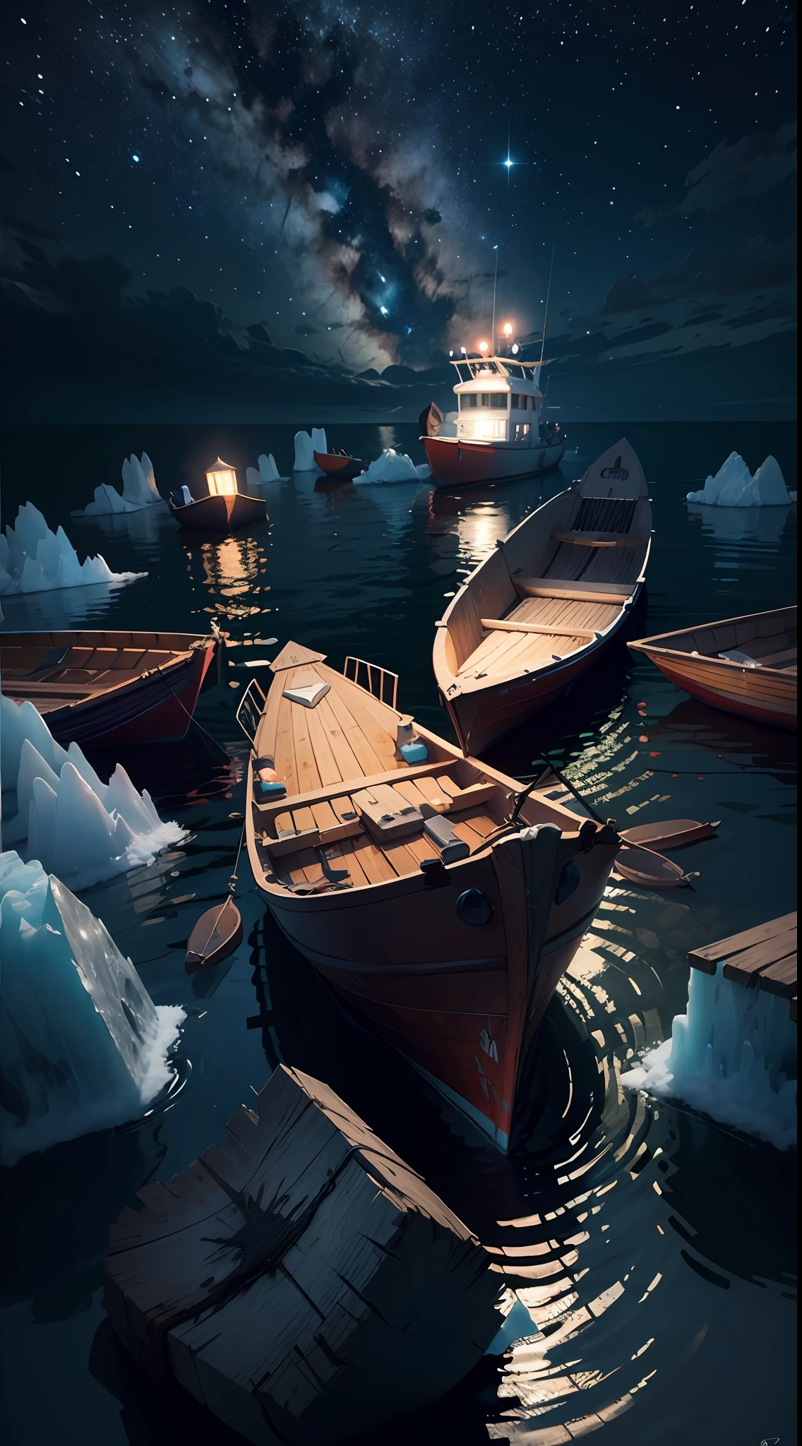 icebergs, 5 empty wooden boats, middle of an ocean, broken wooden box floating, broken lifeboats floating, broken oars, broken life vests floating, dark night, barely visible, ultra realistic, night sky, masterpiece, UHD, super detail, best quality, ray tracing, cinematic lighting