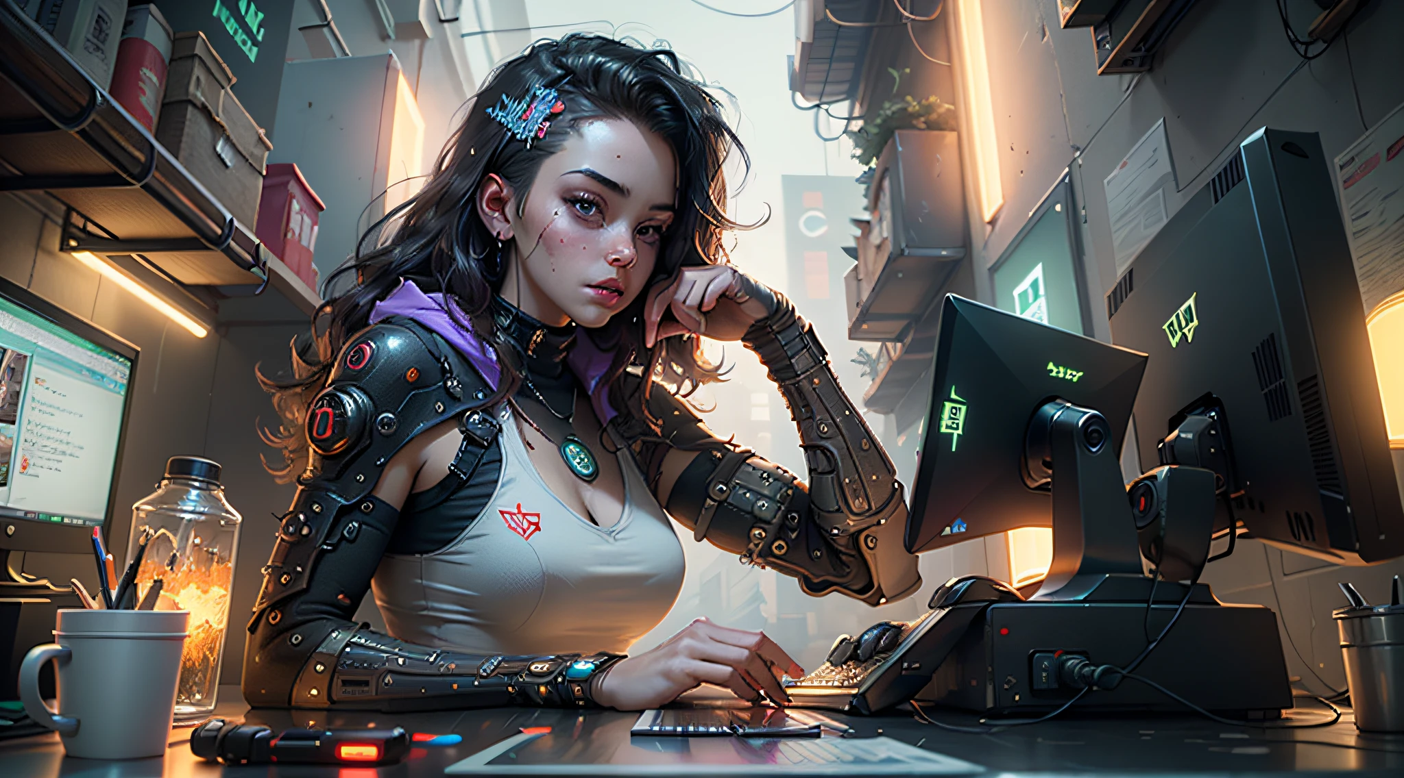 ((Best quality)), ((masterpiece)), (highly detailed:1.3), 3D, beautiful (cyberpunk:1.3) female hacker with thick voluminous hair operating a computer terminal, computer servers, LCD screens, fibre optic cables, corporate logos,HDR (High Dynamic Range),Ray Tracing,NVIDIA RTX,Super-Resolution,Unreal 5,Subsurface scattering,PBR Texturing,Post-processing,Anisotropic Filtering,Depth-of-field,Maximum clarity and sharpness,Multi-layered textures,Albedo and Specular maps,Surface shading,Accurate simulation of light-material interaction,Perfect proportions,Octane Render,Two-tone lighting,Low ISO,White balance,Rule of thirds,Wide aperature,8K RAW,Efficient Sub-Pixel,sub-pixel convolution,luminescent particles,