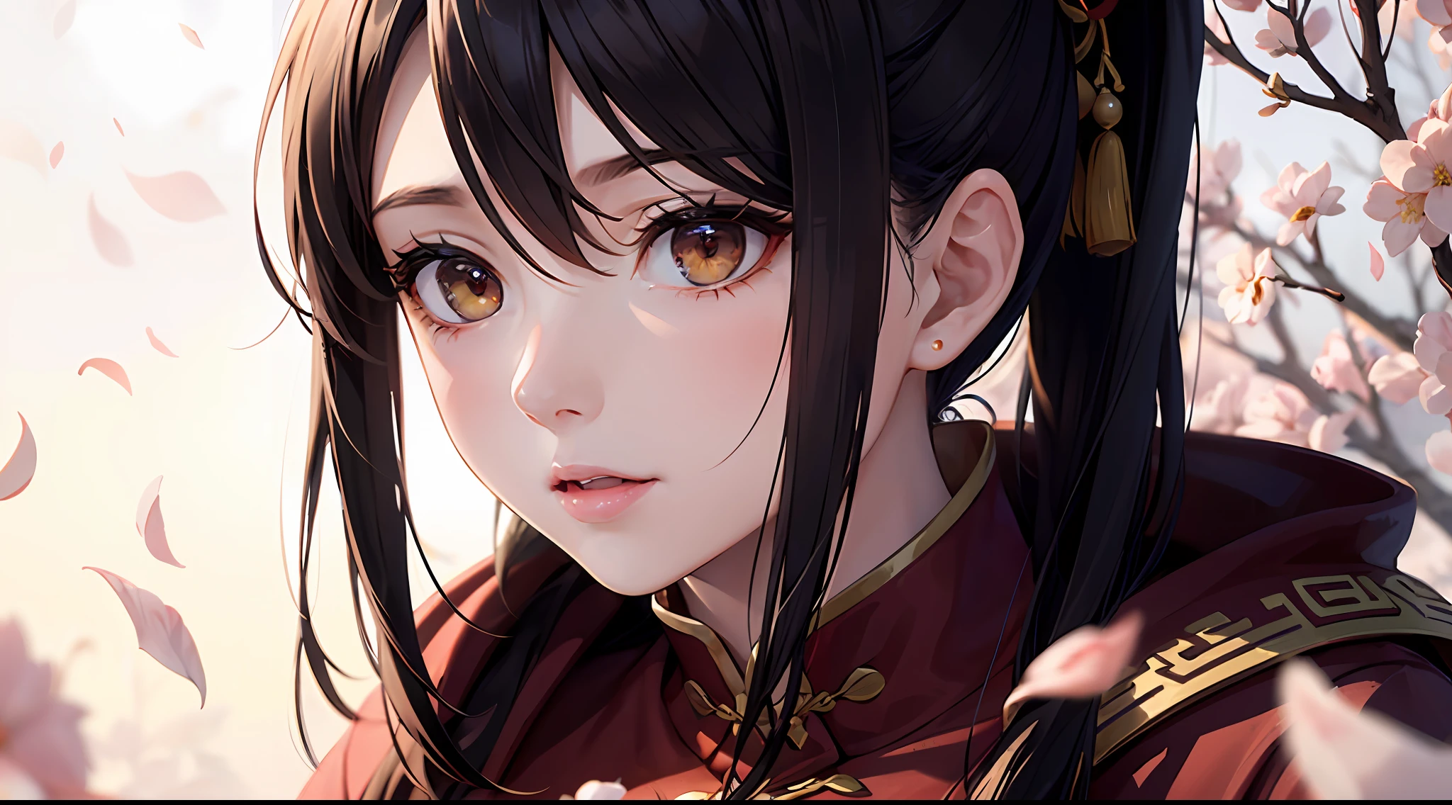 China-style,Women in red,Warrior dress-up,((Face away from the camera:1.4)),Red robe,NOWAI,A large number of pure white petals fell,black har,High ponytail,