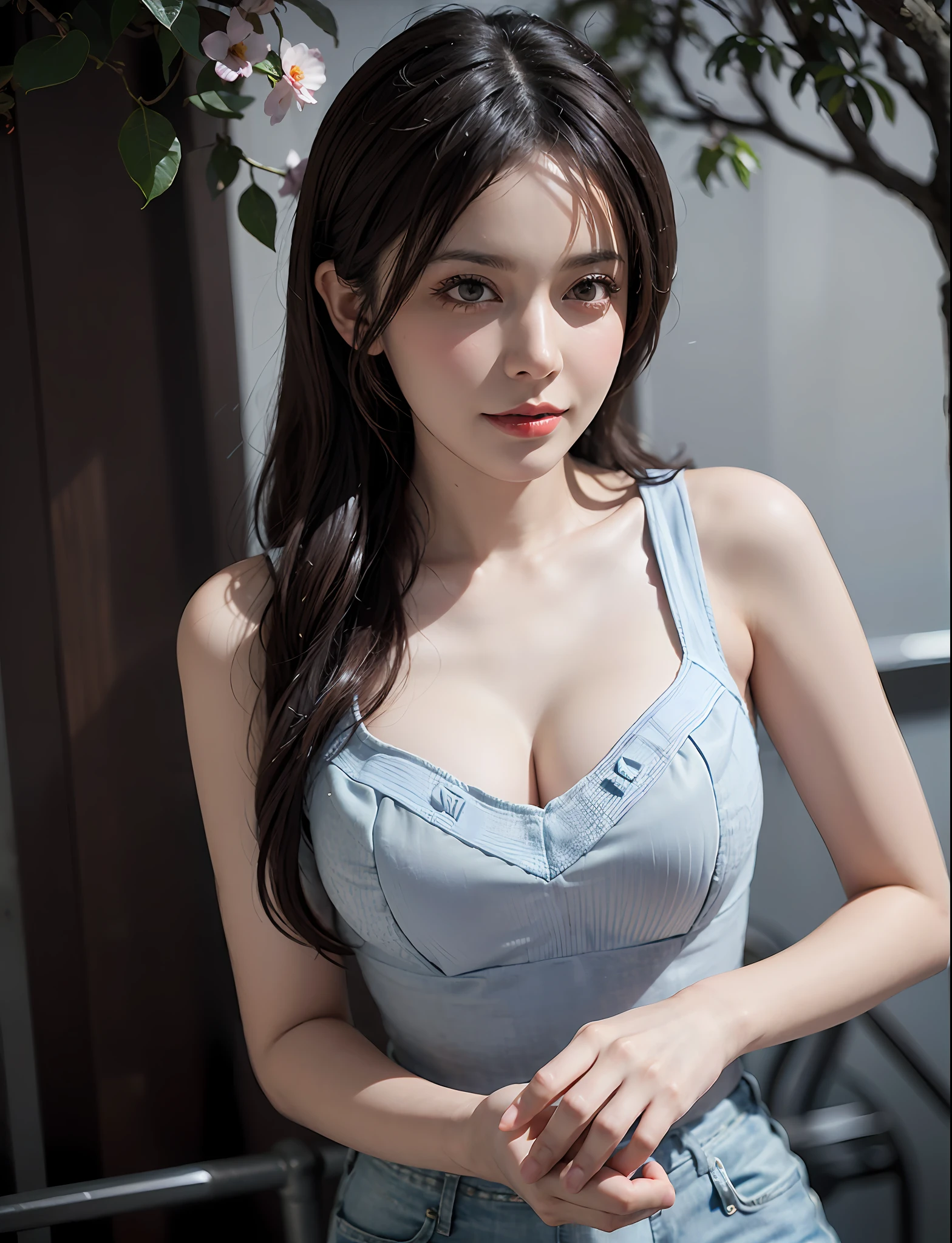 (((Flowers splash on the sides and background))),T-shirt design,Realistic style,((Soft four colors)),Cute and quirky,Fantasyart,bokeh,gentlesoftlighting,Front view of the camera,retro aesthetic, focused on the character, 4K resolution, photograph realistic, dynamic lighting, artstation, a poster for a, Volumetriclighting, Very detailed faces, Camera face, focused on the face, Life expressions,A big-breasted,fullllbody,dresscantabile,cleavage