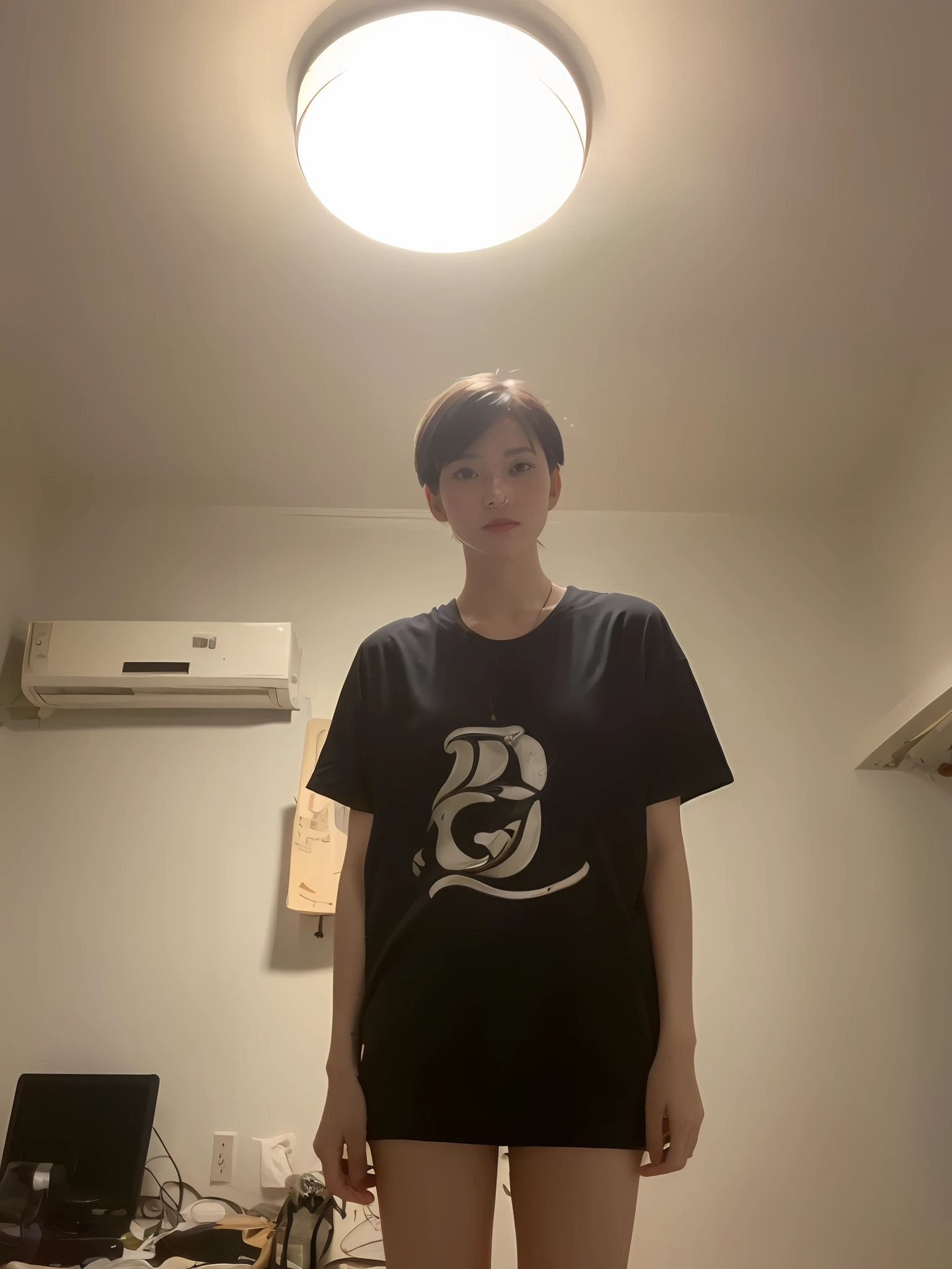 ((Best Picture Quality, 8k, a masterpiece of:1.3)), 1girl, Beautiful woman with slender abs:1.3, (Short Hair Hair,Beautiful hair, hugetits:1.2), dresscantabile:1.1, Ultra-fine face, detailed eye, 双眼皮,Calm,Home,There are male genitalia