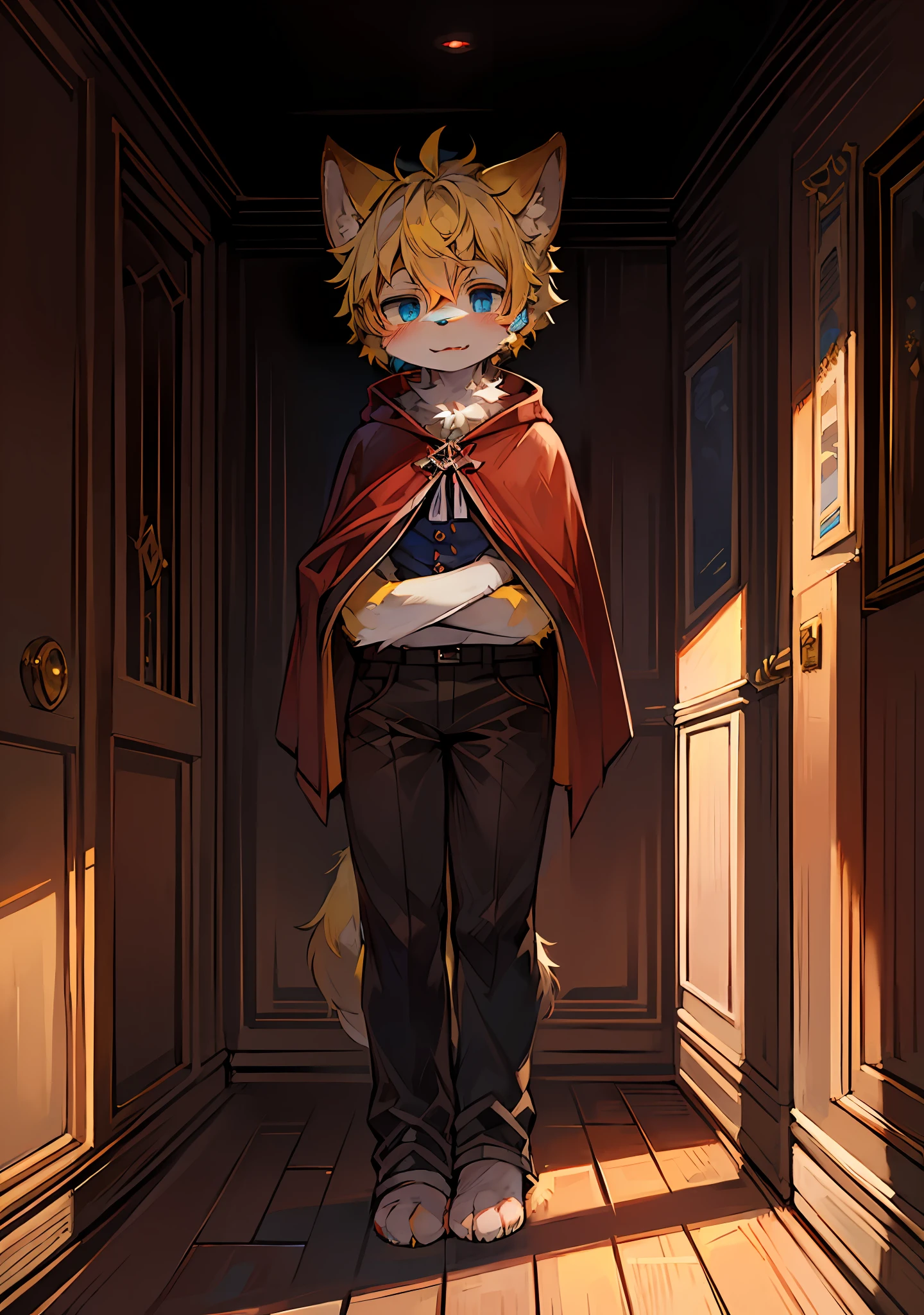 (ambiente dark:0.8),masterpiece,high quality,abstract res,digital painting\(artwork\), by dagasi, yupa,kiyosan,(anthro,fluffy fur,character focus:1.1),anthro male cat,short hair,portrait , eyes with brightness, full room view, Character focus.(detailedbackground:0.7), 独奏, shaggy, Hairy male, malefocus, anthr,(Full Body Furry, Fluffy tail, Yellow fur, Blue eyes, Yellow hair:1.2), (long canines、Vampires、cloaks:1.2),(interiors、the night、the castle、:1.1)