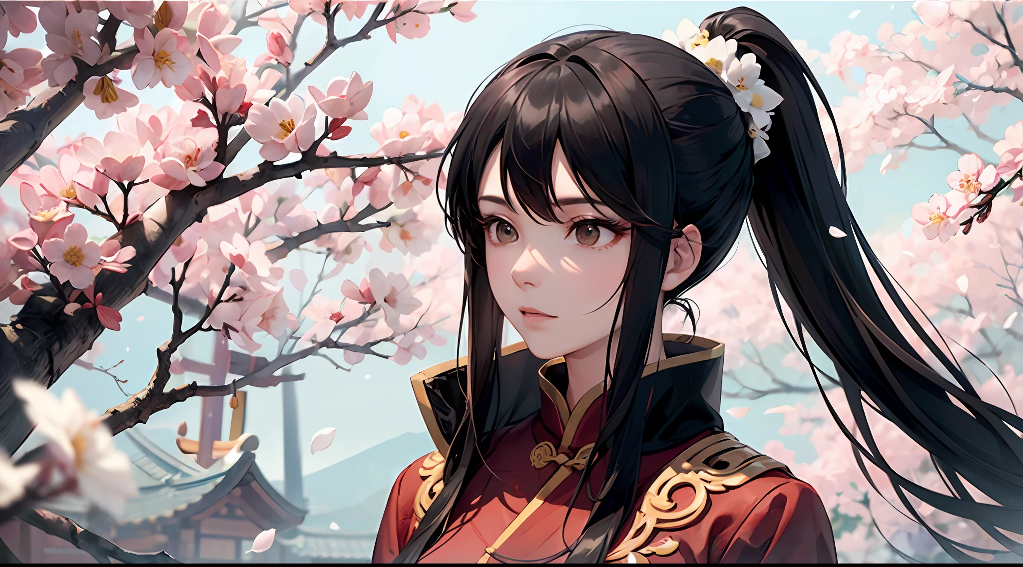 China-style，Women in red，Warrior dress-up，（（Face away from the camera:1.4）），Red robe，NOWAI，A large number of pure white petals fell，black har，High ponytail，