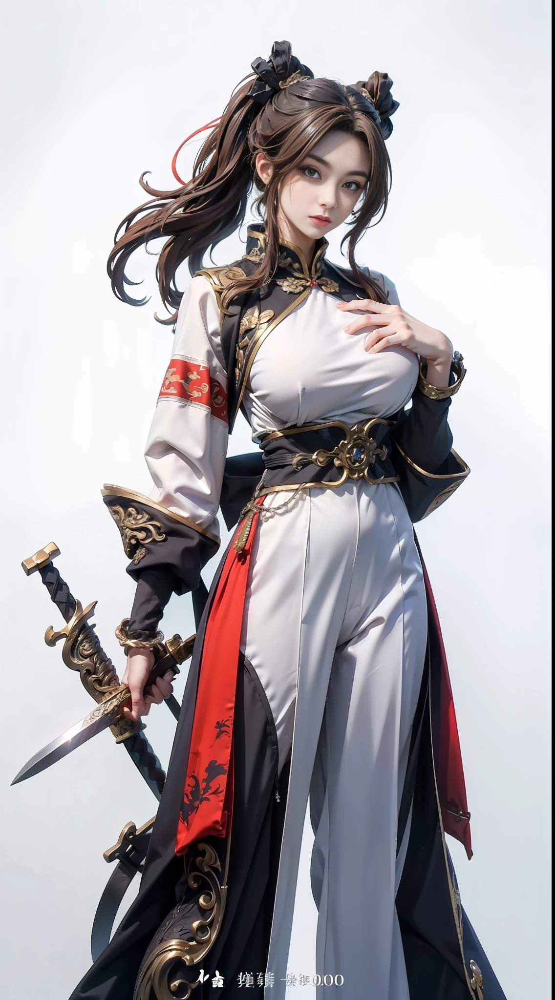 offcial art，统一 8k 壁纸，ultra detali，Beauty and aesthetics，hightquality，beatifull，a masterpiece of，the best quality，Girl Huge breasts，Figures，statues，Chinese elements，swordsmen，simplebackground，long-sleeves，long trousers，Exocet suit，