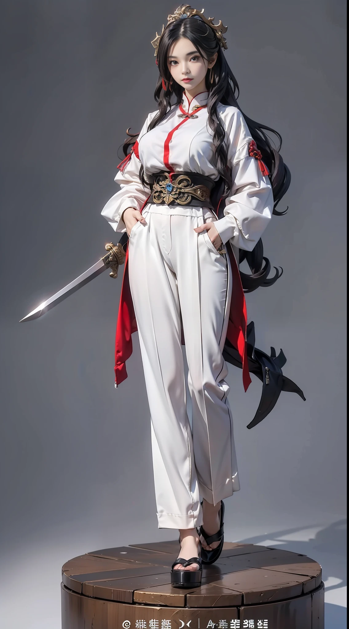 offcial art，统一 8k 壁纸，ultra detali，Beauty and aesthetics，hightquality，beatifull，a masterpiece of，the best quality，Girl Huge breasts，Figures，statues，Chinese elements，swordsmen，simplebackground，long-sleeves，long trousers，Exocet suit，